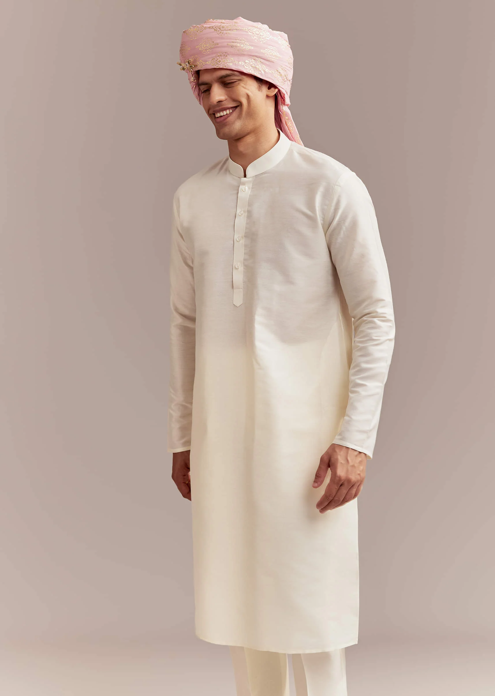 Peach Silk Sherwani For Groom With Pastel Floral Embroidery - Image 7