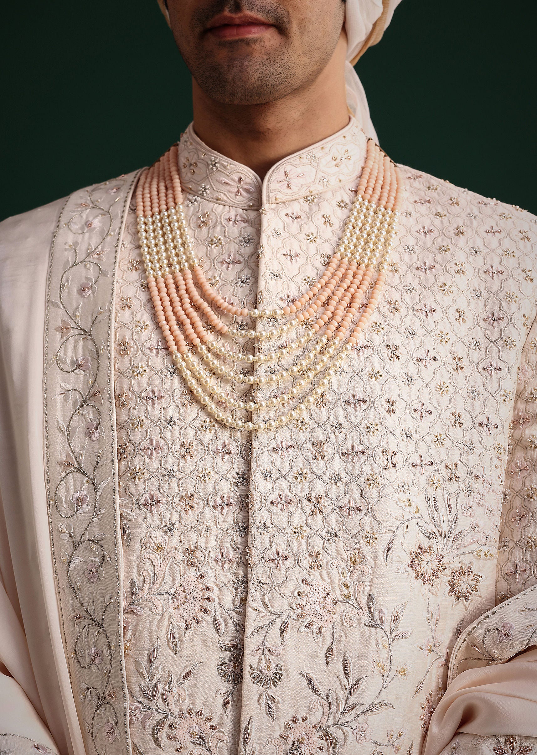 Peach Silk Zari Embroidered Sherwani Suit With Mala And Dupatta - Image 2