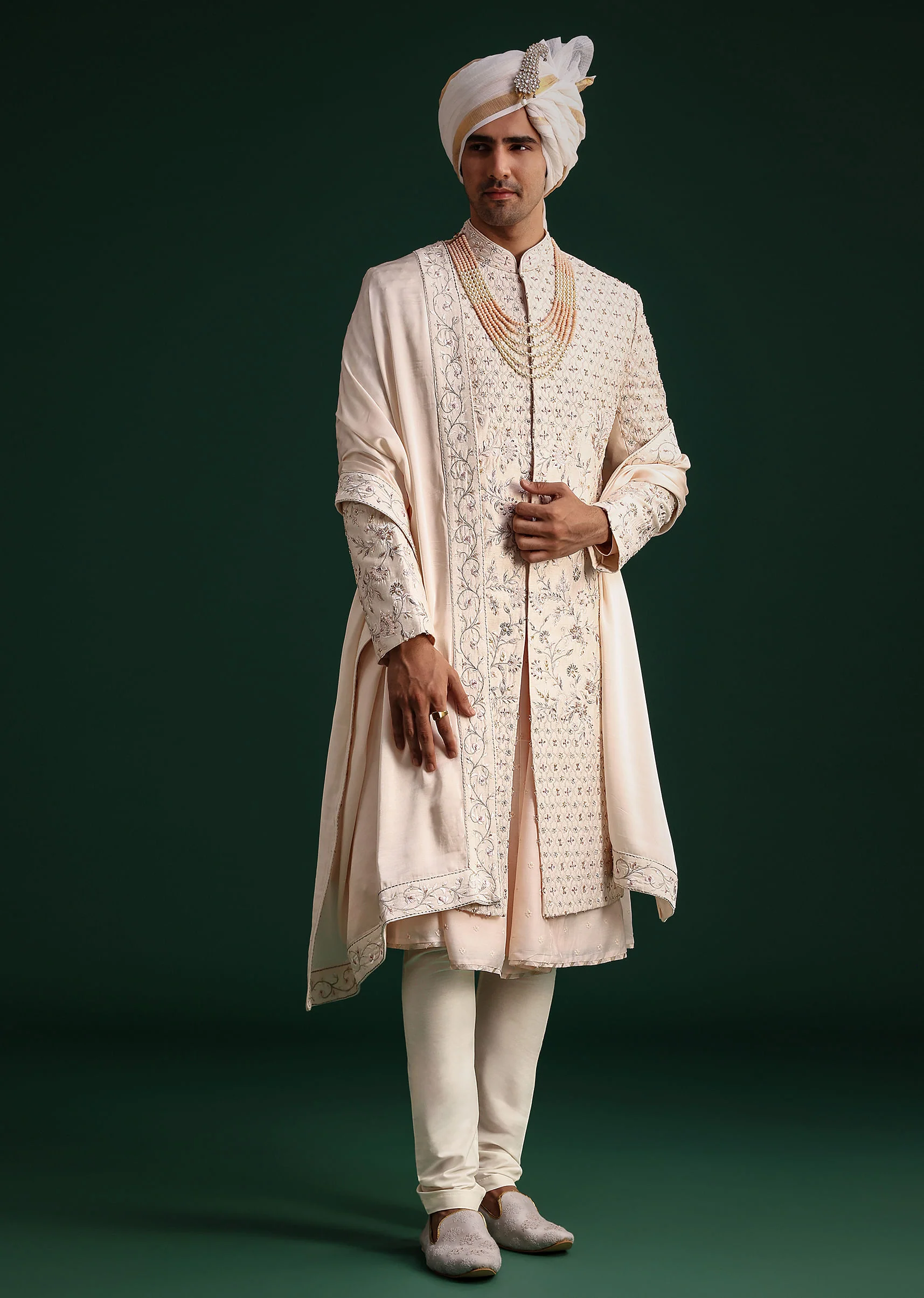 Peach Silk Zari Embroidered Sherwani Suit With Mala And Dupatta - Image 3