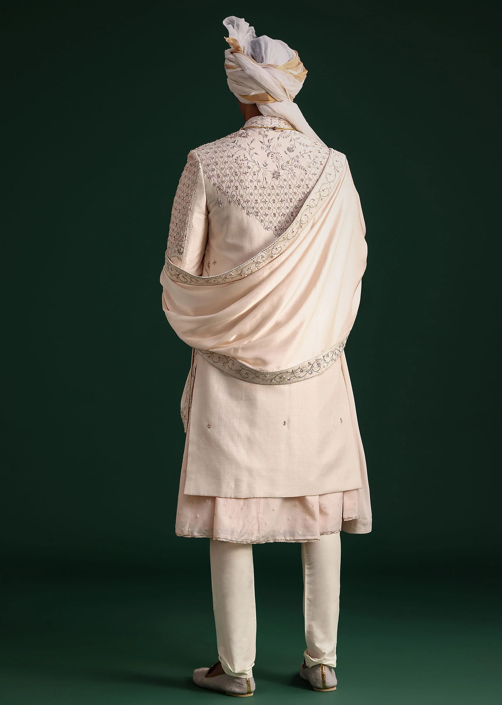 Peach Silk Zari Embroidered Sherwani Suit With Mala And Dupatta - Image 5