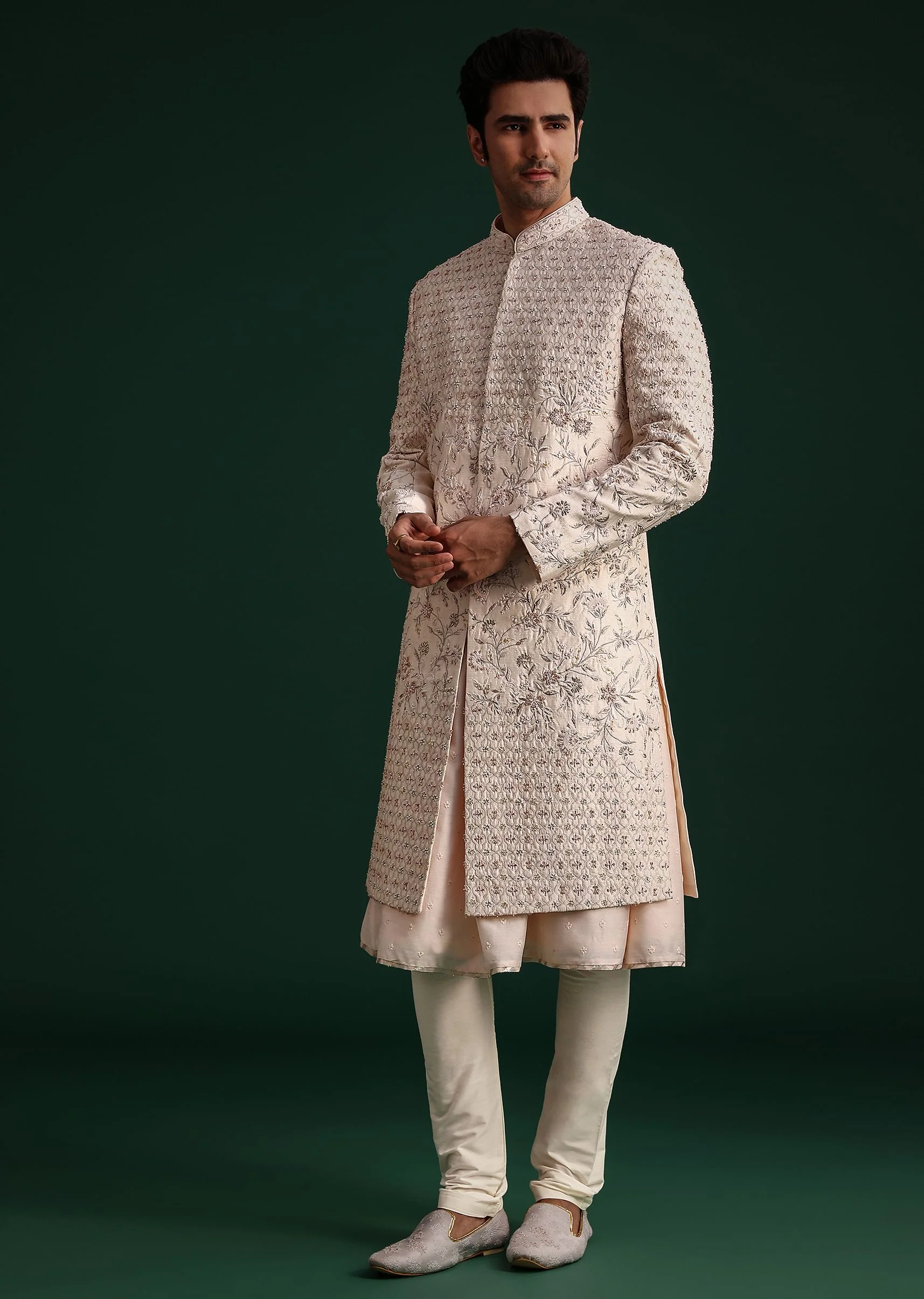Peach Silk Zari Embroidered Sherwani Suit With Mala And Dupatta - Image 6