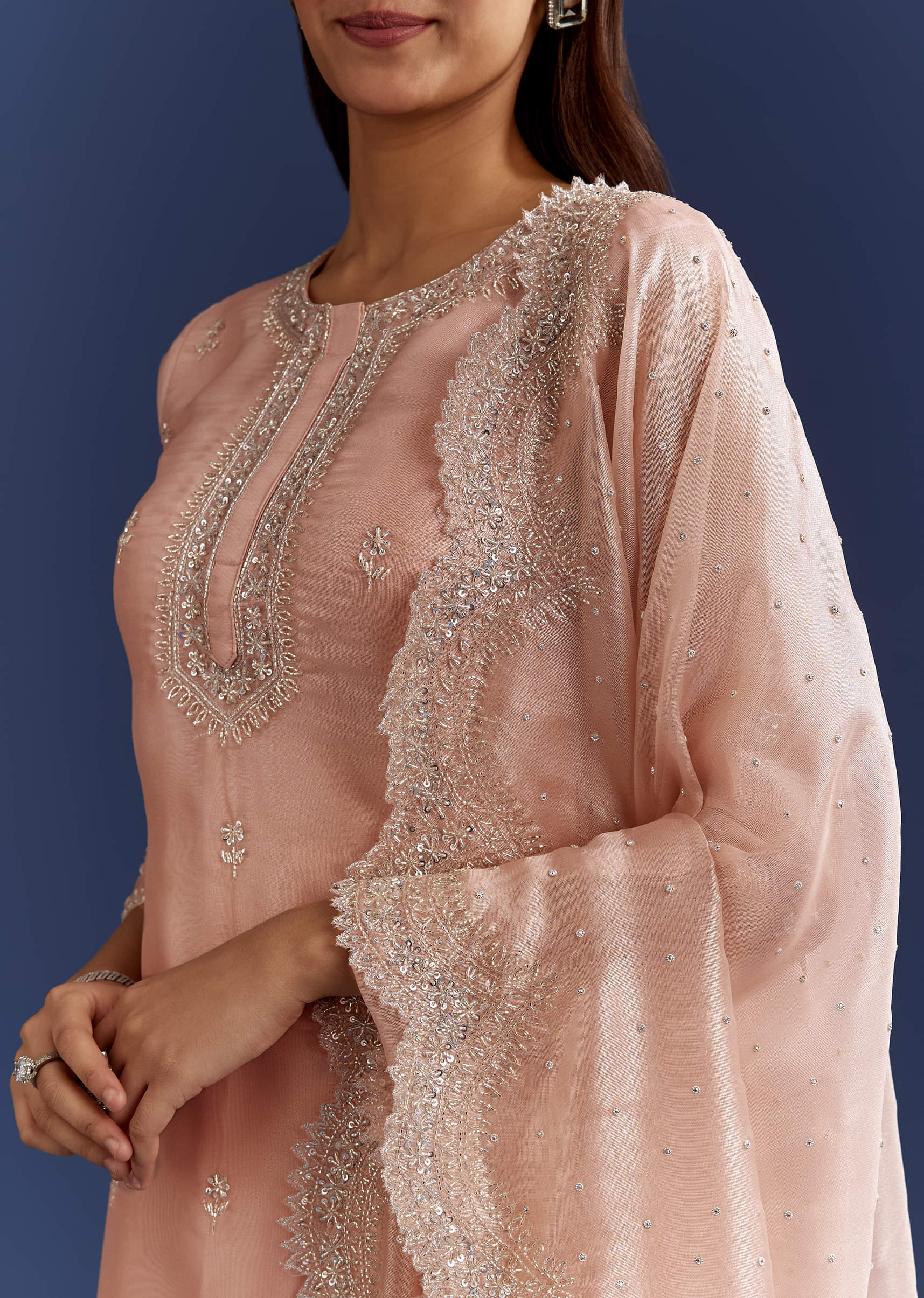 Peach Tissue Cutdana Kurta With Stone Work Dupatta In Tissue - Image 3