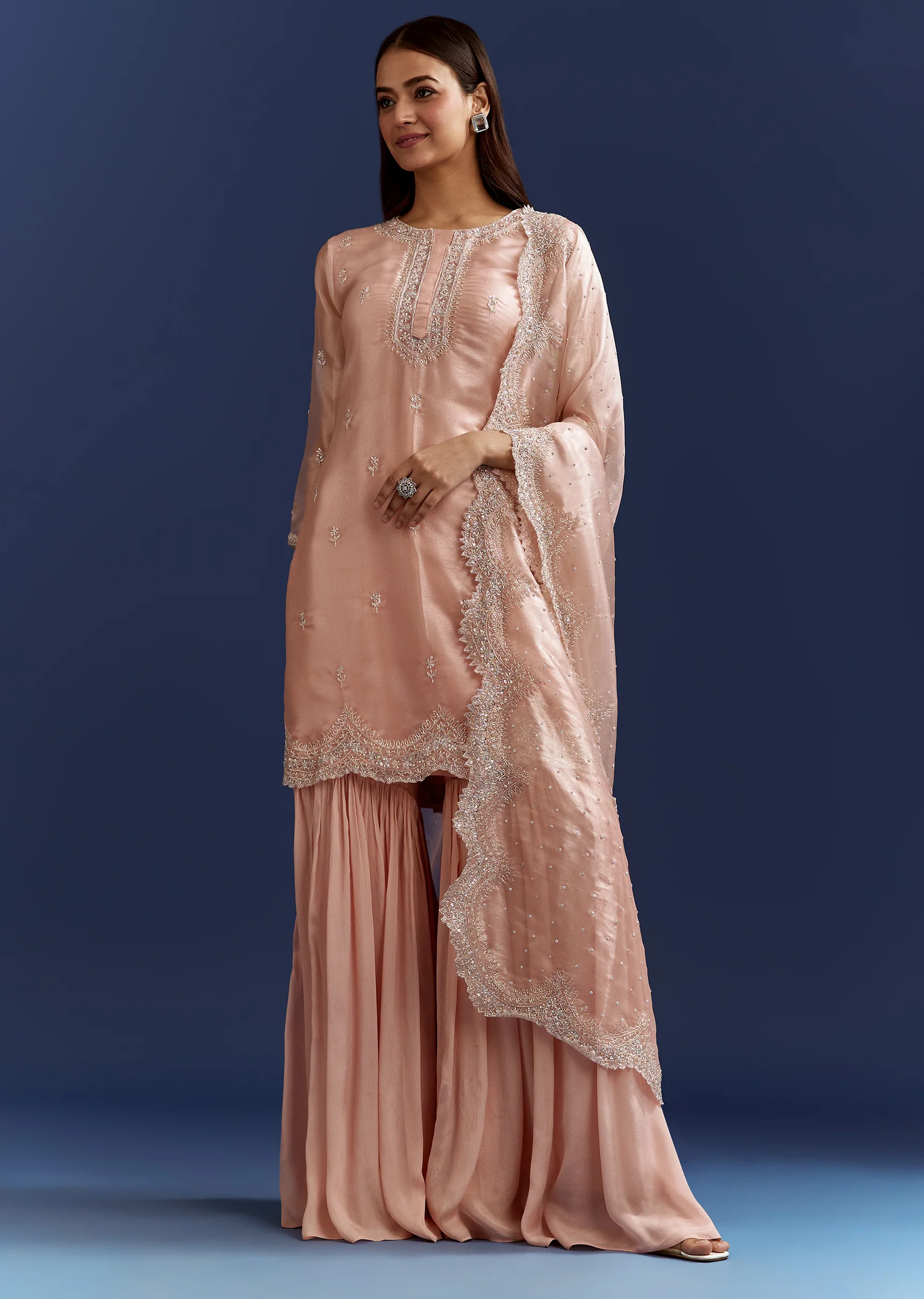 Peach Tissue Cutdana Kurta With Stone Work Dupatta In Tissue - Image 4