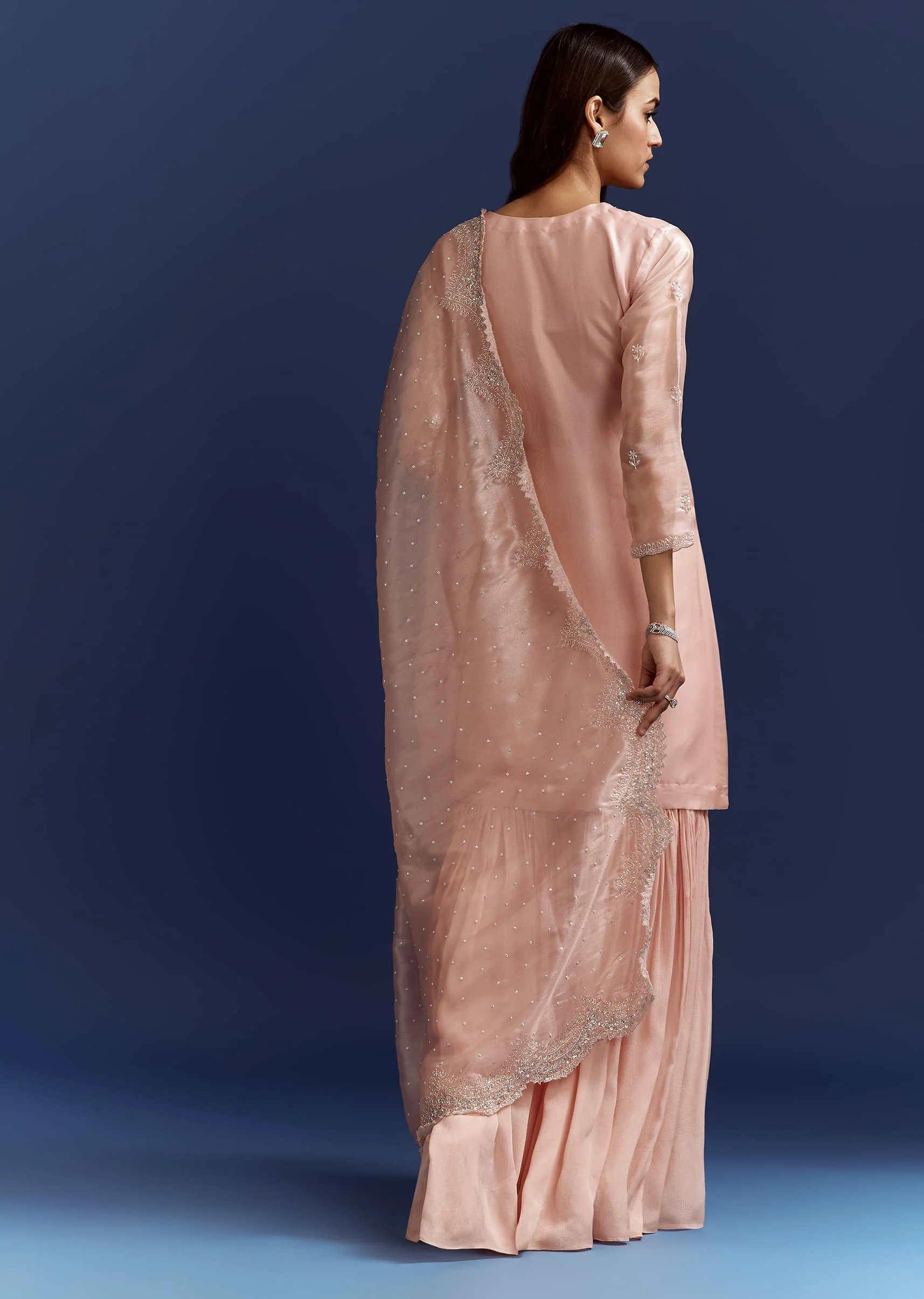 Peach Tissue Cutdana Kurta With Stone Work Dupatta In Tissue - Image 5