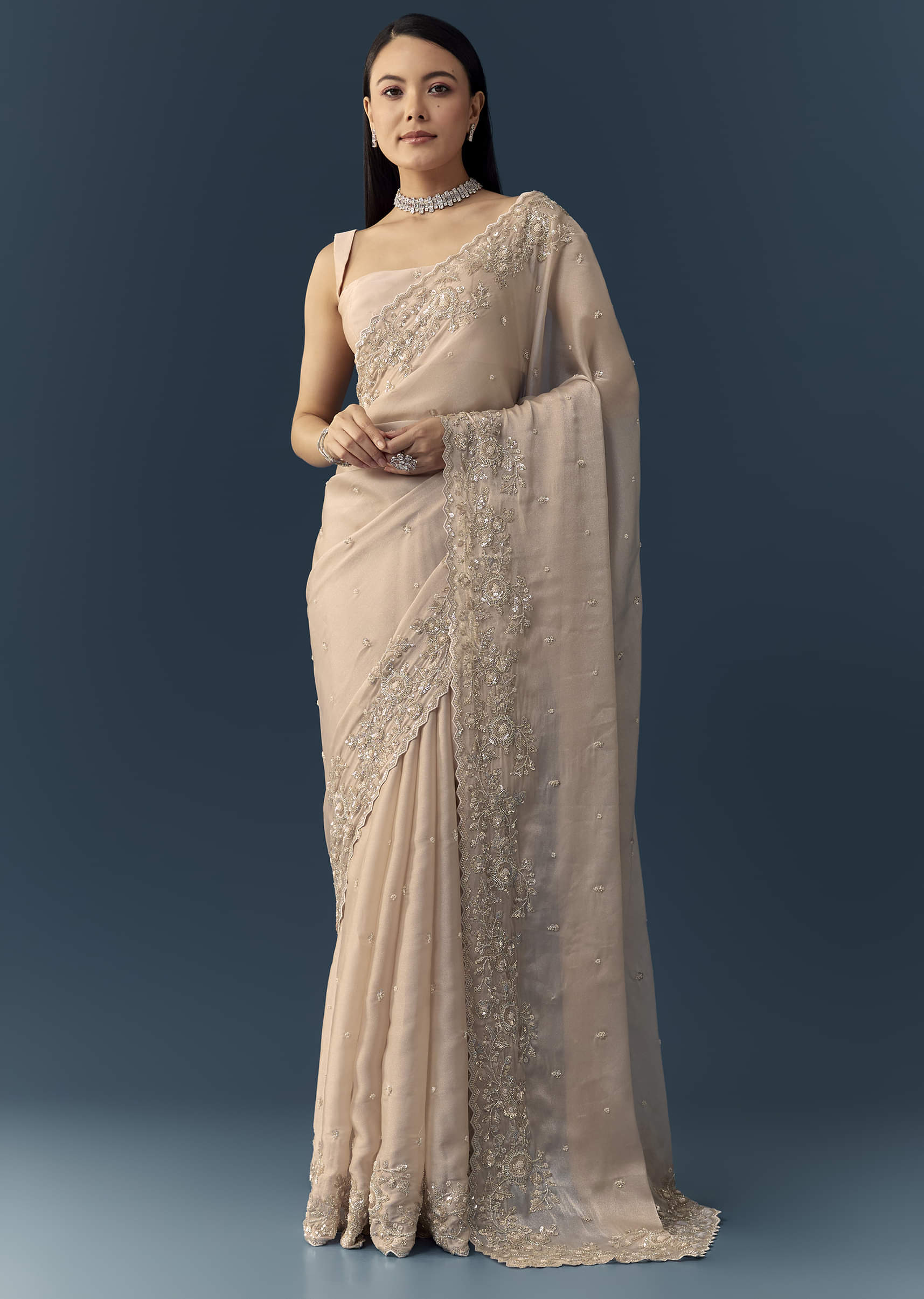 Peach Tissue Organza Cutwork Saree with Unstitched Blouse Fabric - Image 3