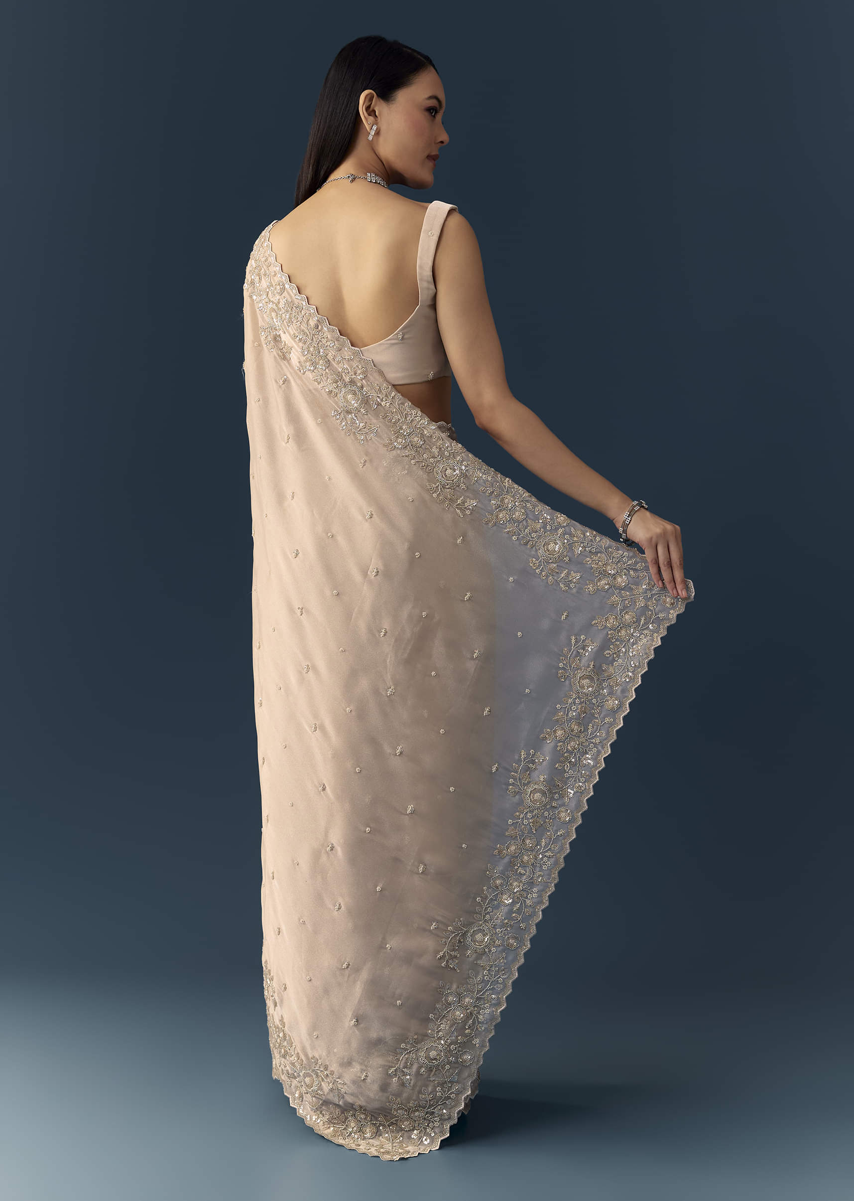 Peach Tissue Organza Cutwork Saree with Unstitched Blouse Fabric - Image 4