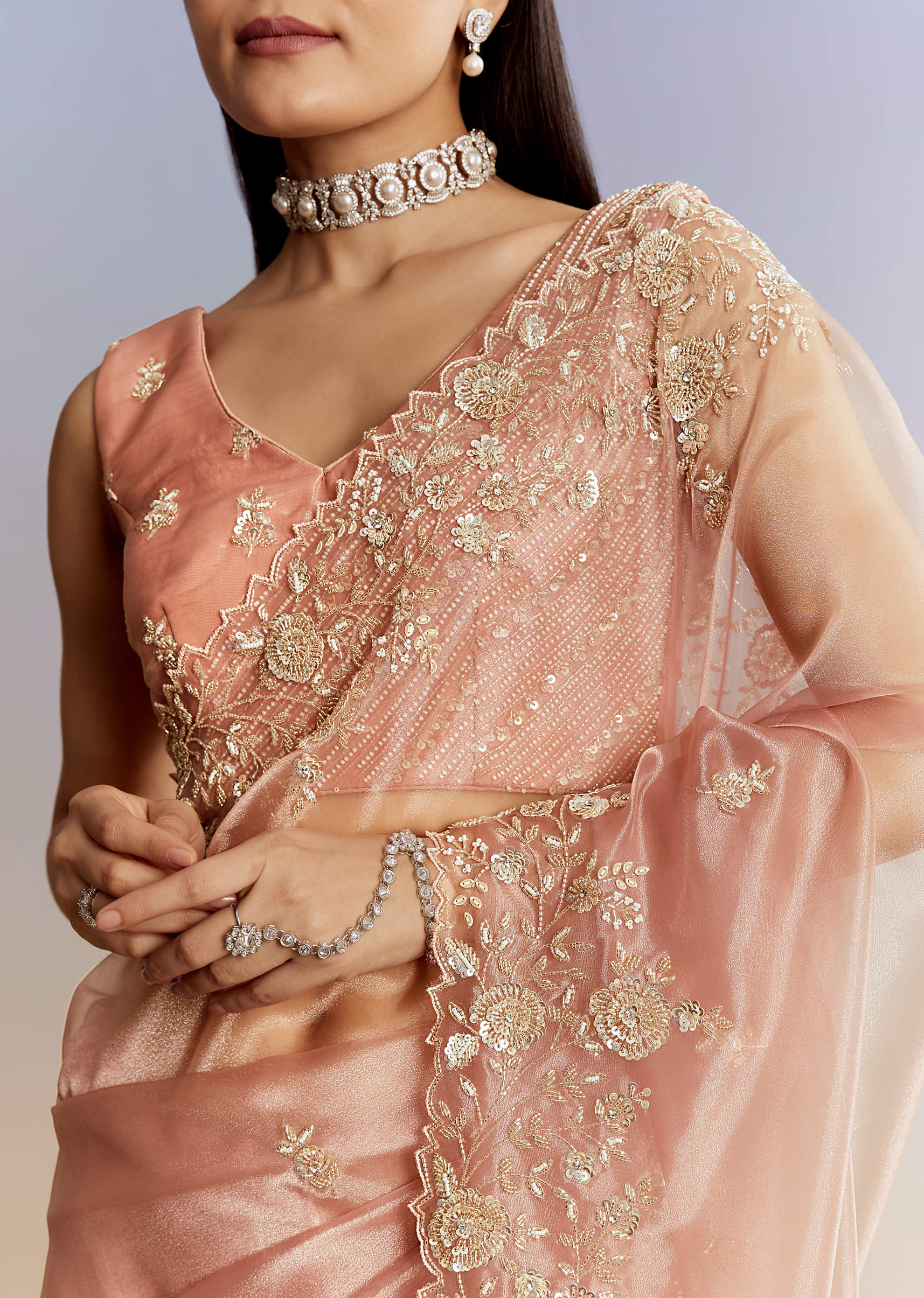Peach Tissue Saree With Floral Moti And Cutdana Embroidery - Image 2