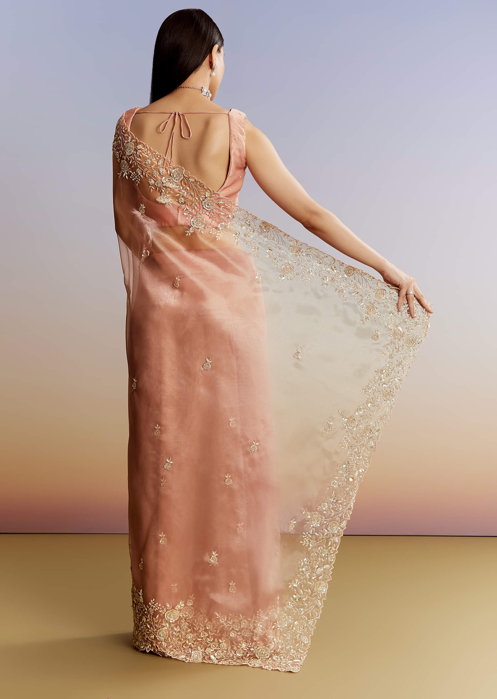Peach Tissue Saree With Floral Moti And Cutdana Embroidery - Image 4