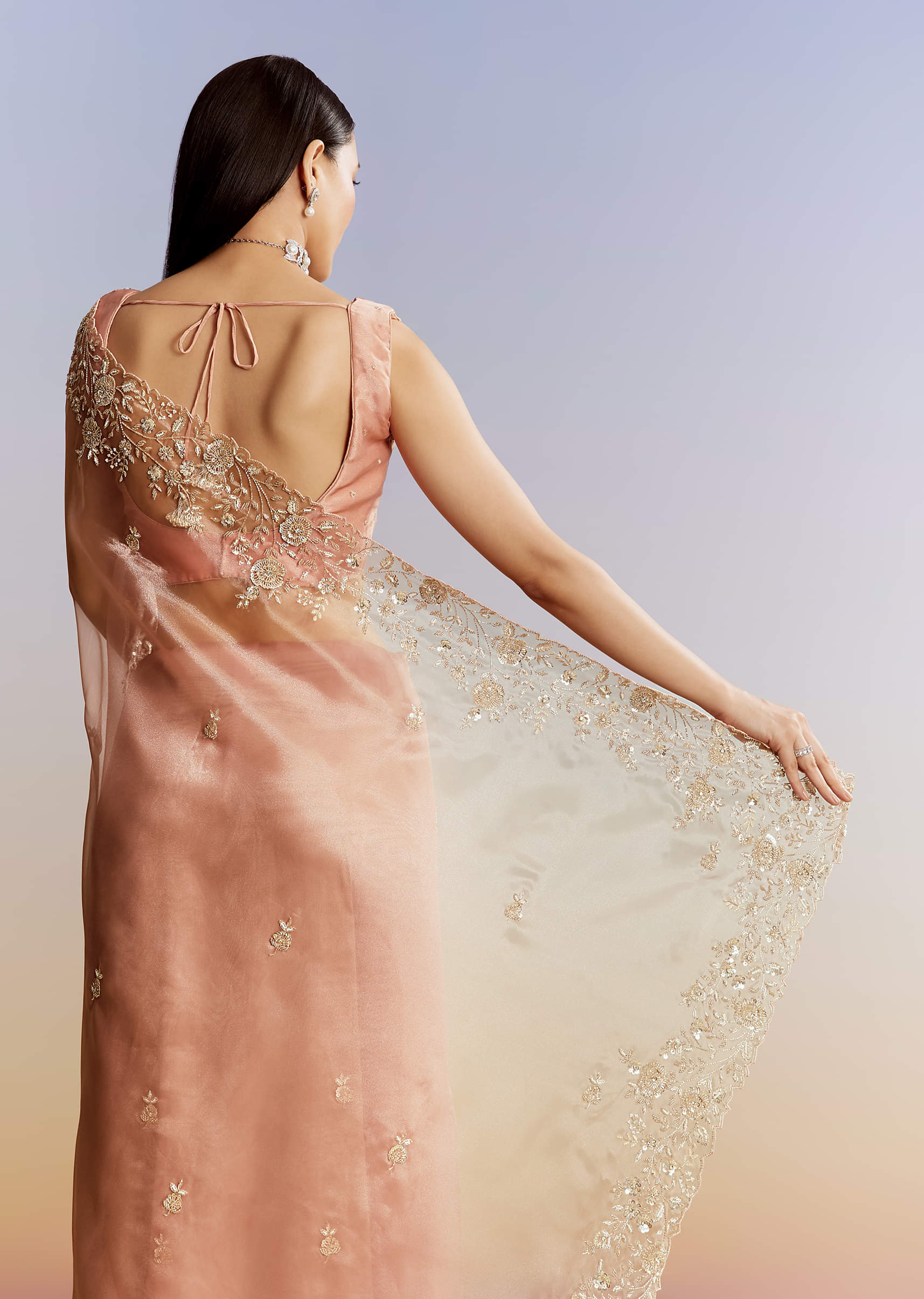 Peach Tissue Saree With Floral Moti And Cutdana Embroidery - Image 6