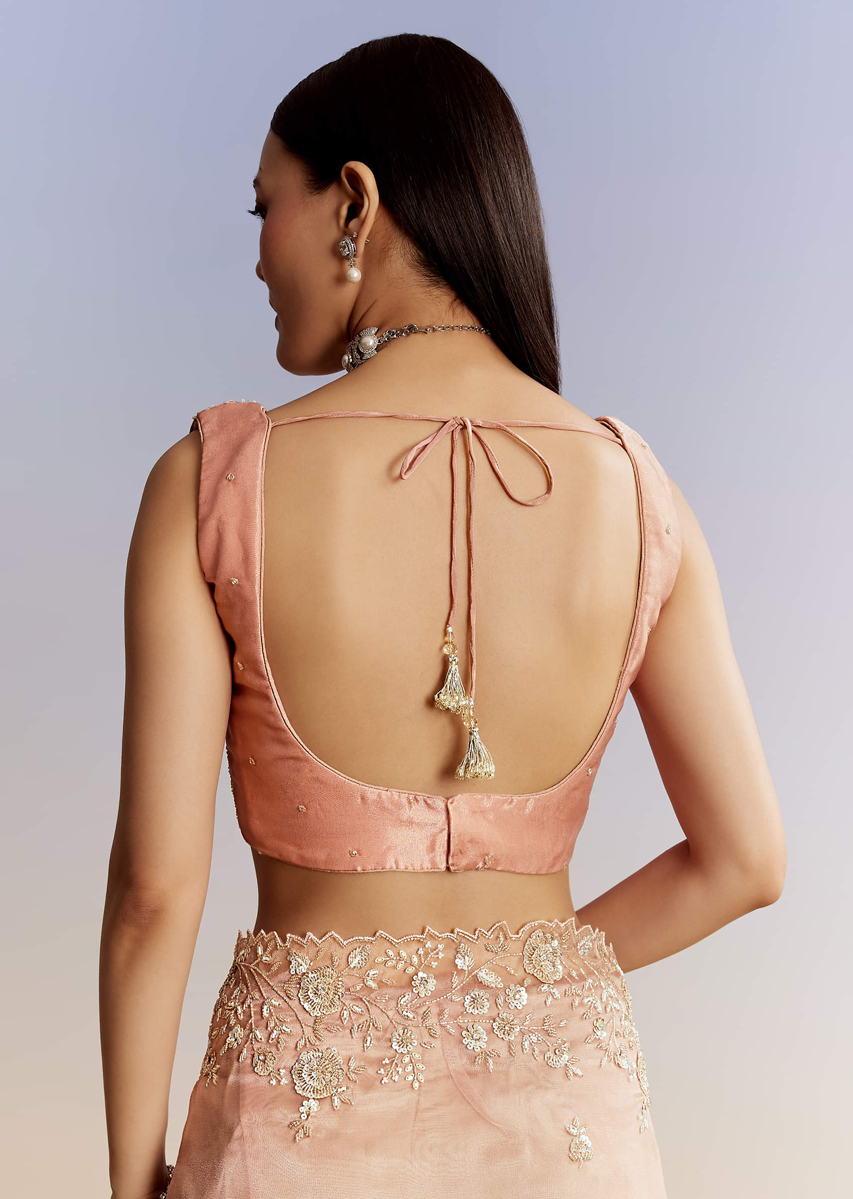 Peach Tissue Saree With Floral Moti And Cutdana Embroidery - Image 8