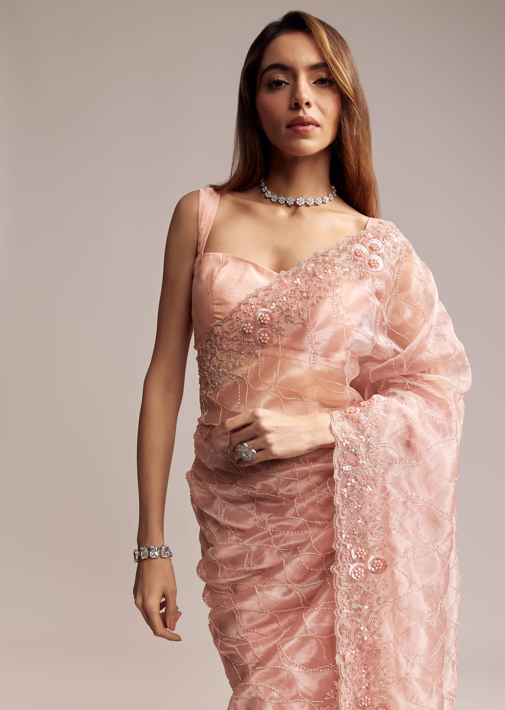 Peach Tissue Saree With Geometric Embroidery - Image 4