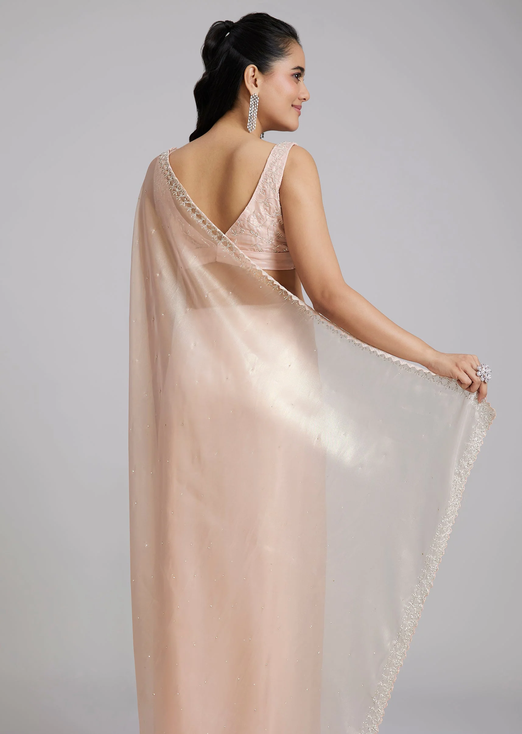 Peach Tissue Saree With Stones And Zigzag Border - Image 6