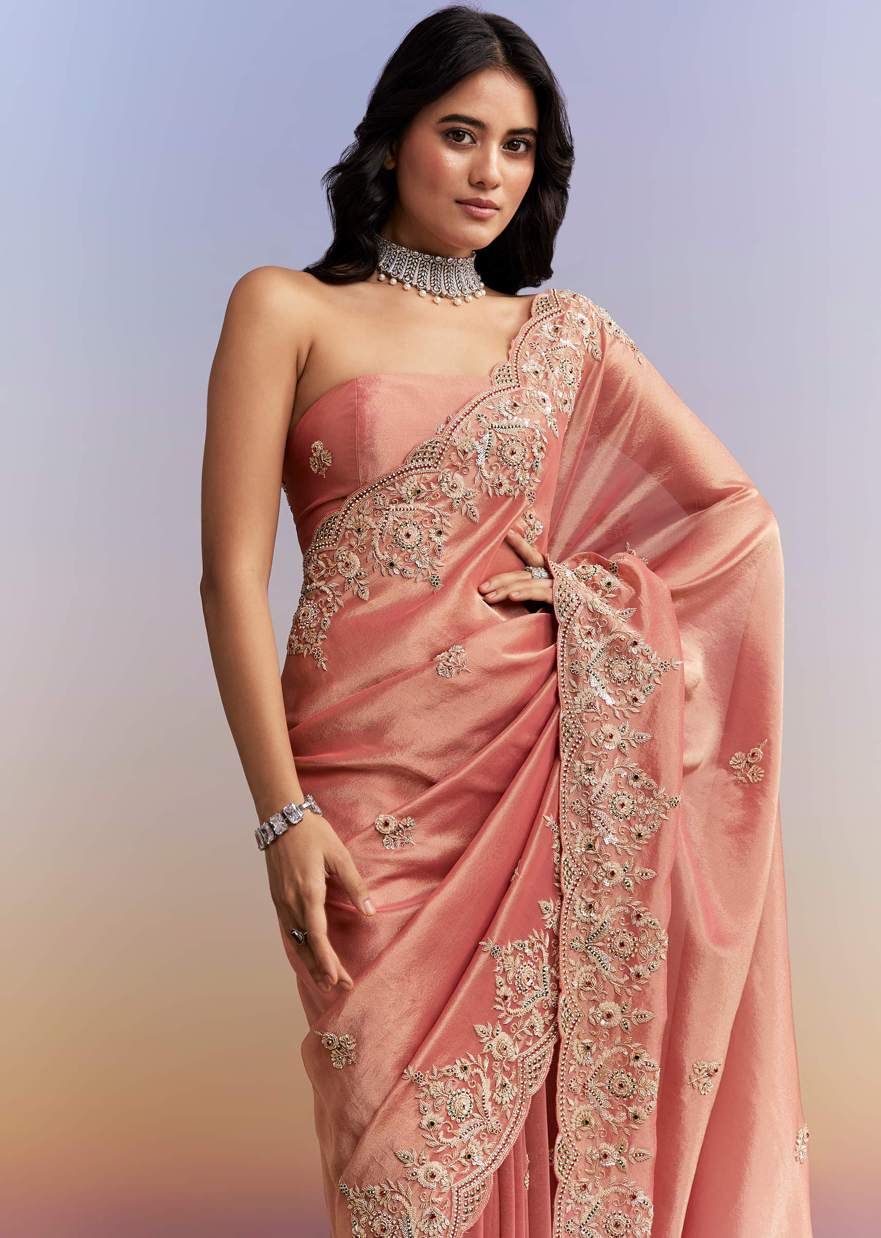 Peach Tissue Silk Saree With Heavy Hand Embroidery - Image 5