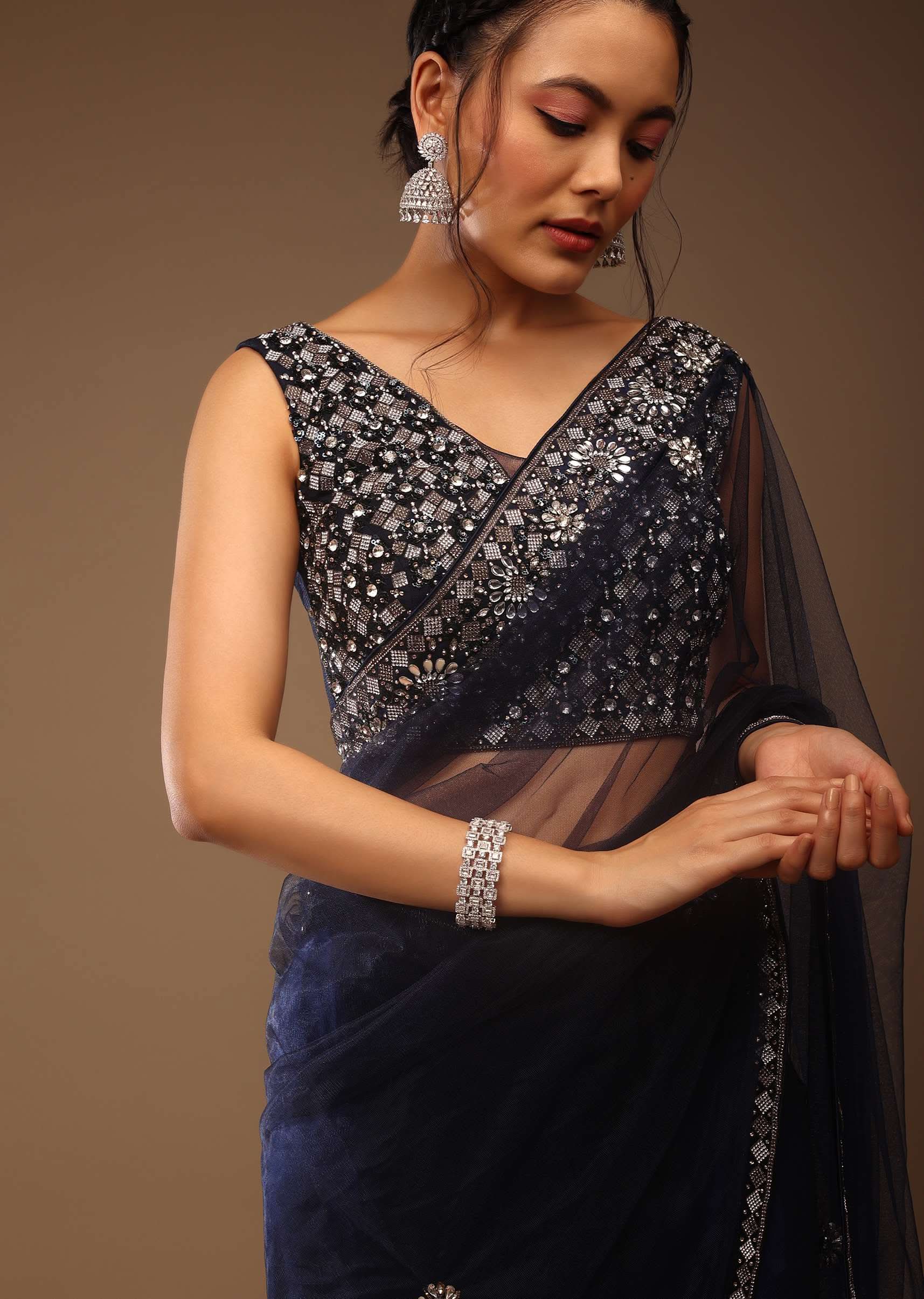 Peacoat Blue Saree With The Crop In Stones Embellishment - Image 4