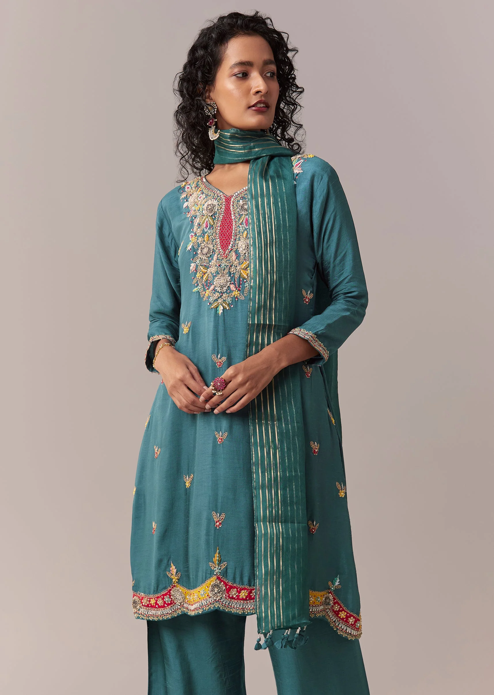 Peacock Blue Asymmetric Short Anarkali Set With Dupatta - Image 4