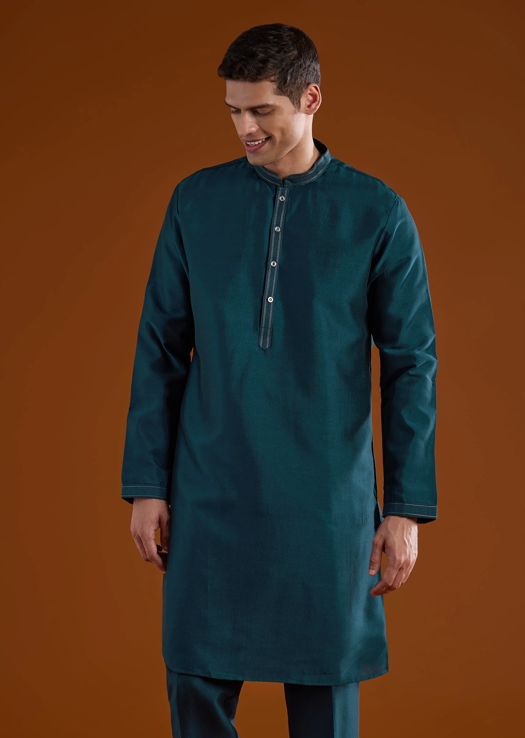 Peacock Blue Embroidered Silk Kurta Jacket Set - Image 6