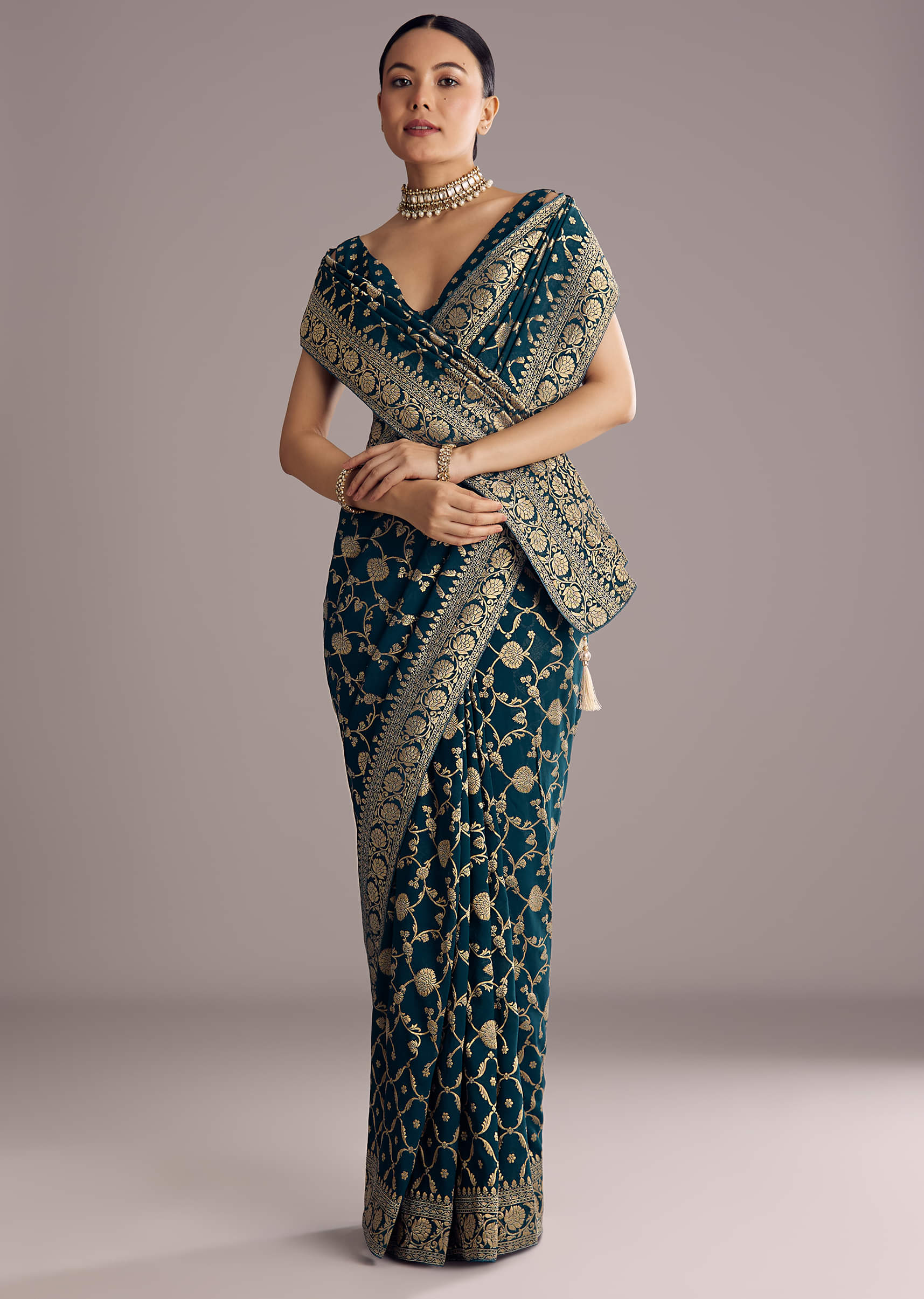 Peacock Blue Georgette Woven Saree With Floral Border - Image 5