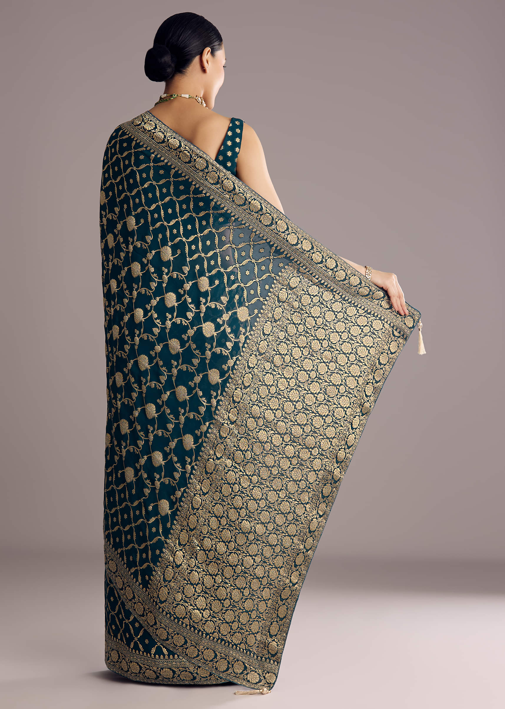 Peacock Blue Georgette Woven Saree With Floral Border - Image 6