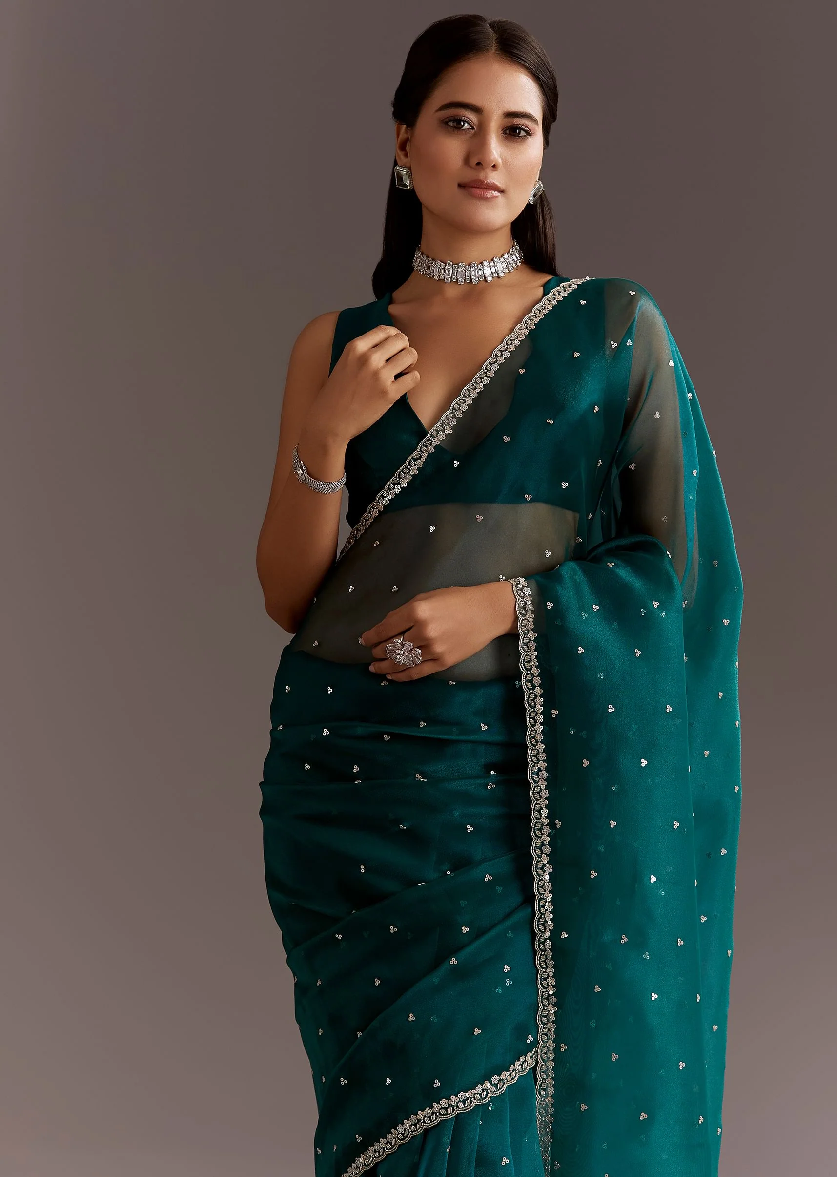 Teal Green Glass Tissue Saree With Cutdana And Sequins Scallop Border - Image 2