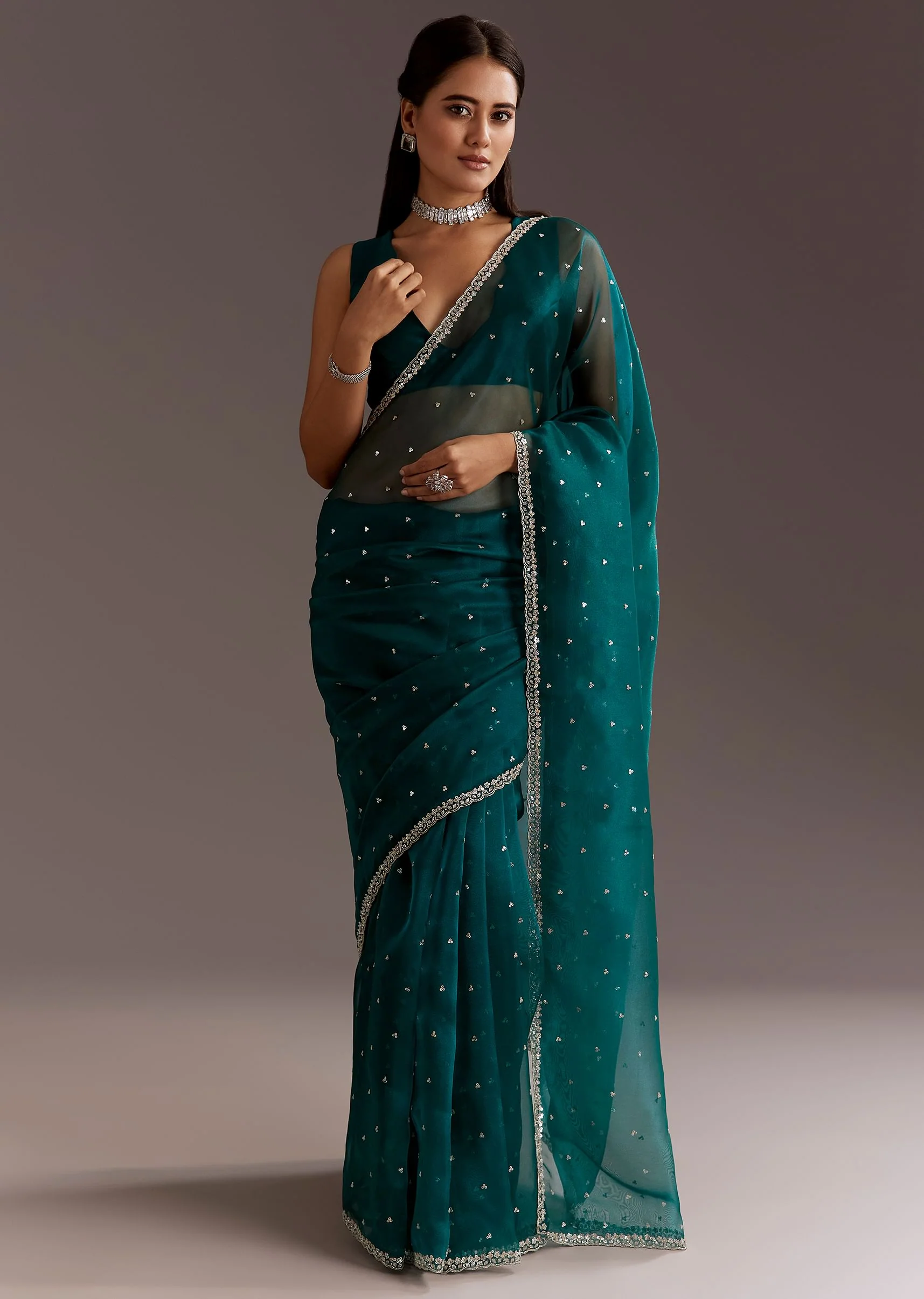 Teal Green Glass Tissue Saree With Cutdana And Sequins Scallop Border - Image 3