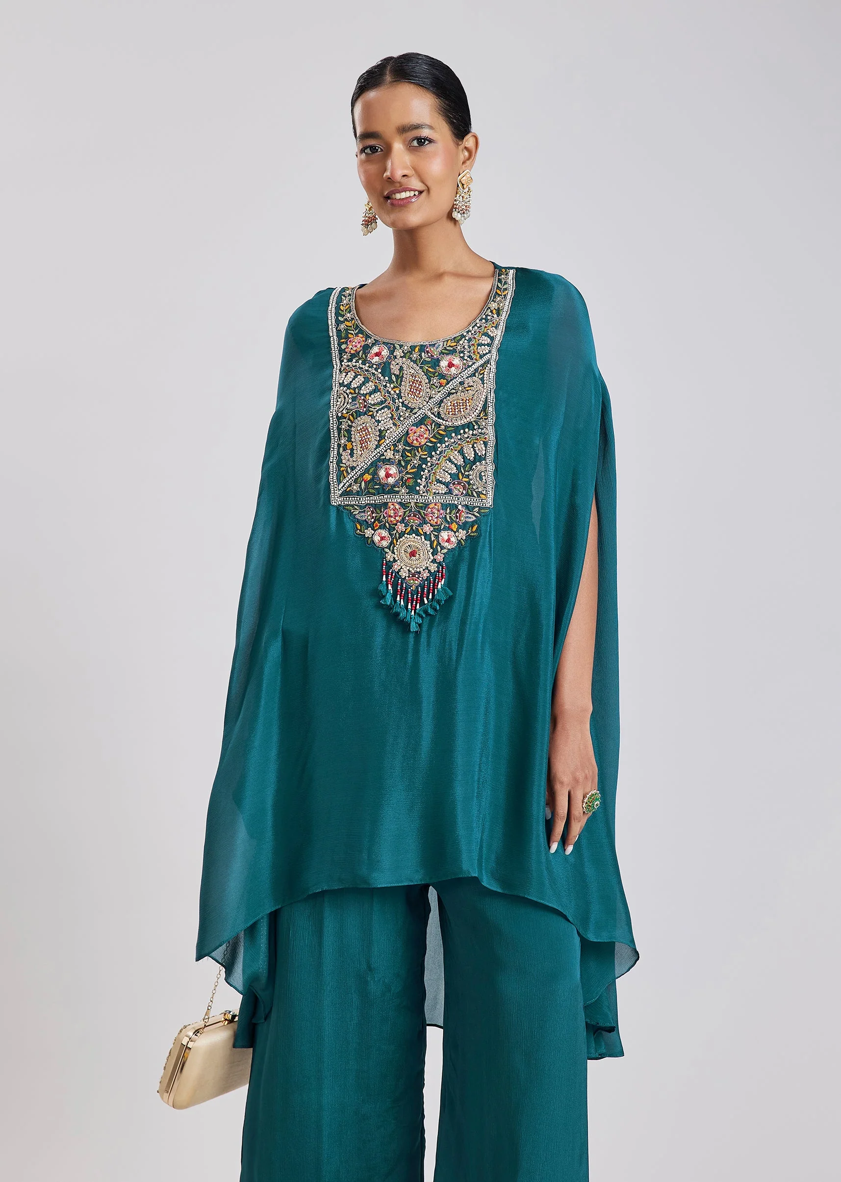 Peacock Blue Kaftan Top Palazzo Set - Image 4
