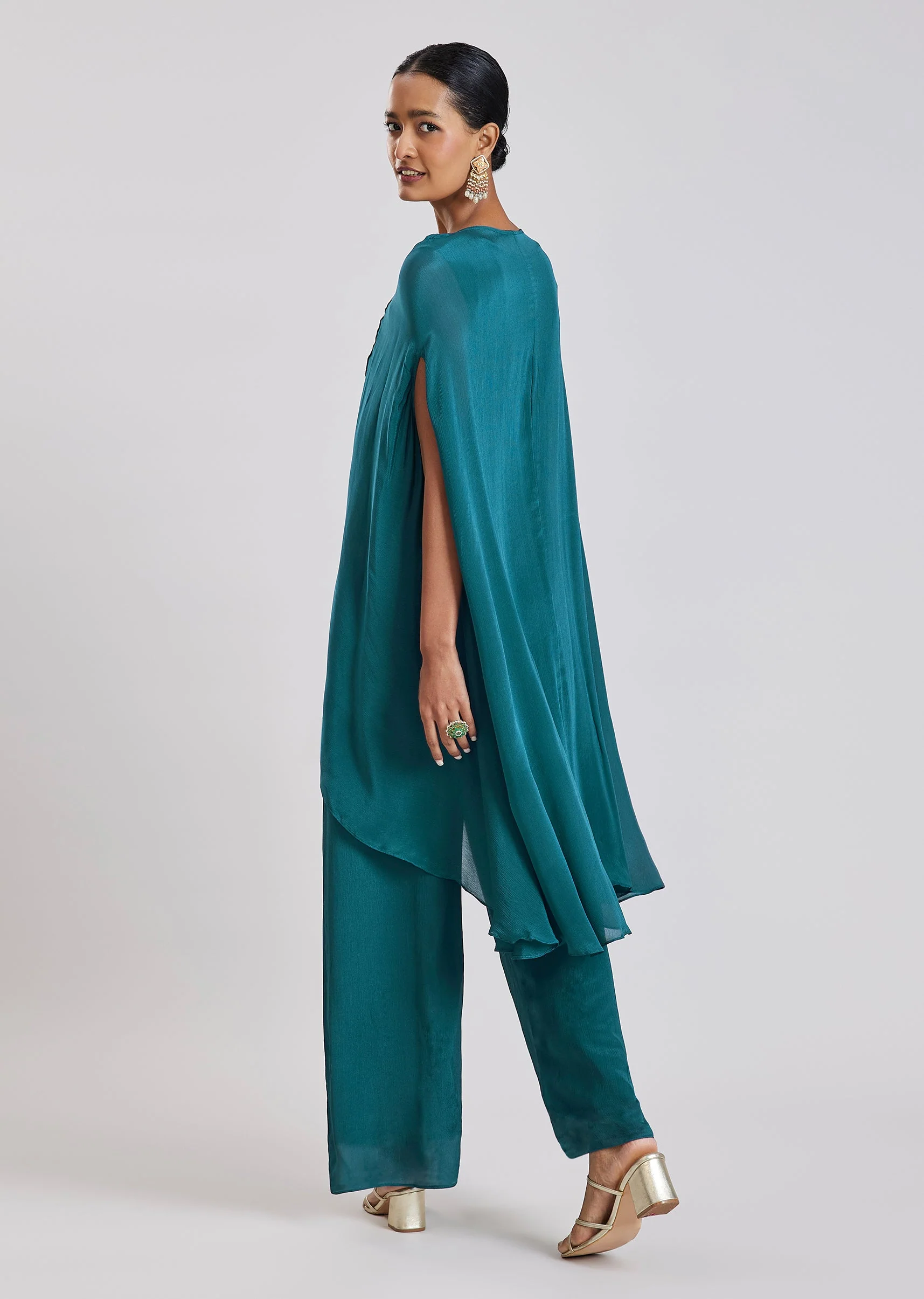 Peacock Blue Kaftan Top Palazzo Set - Image 5
