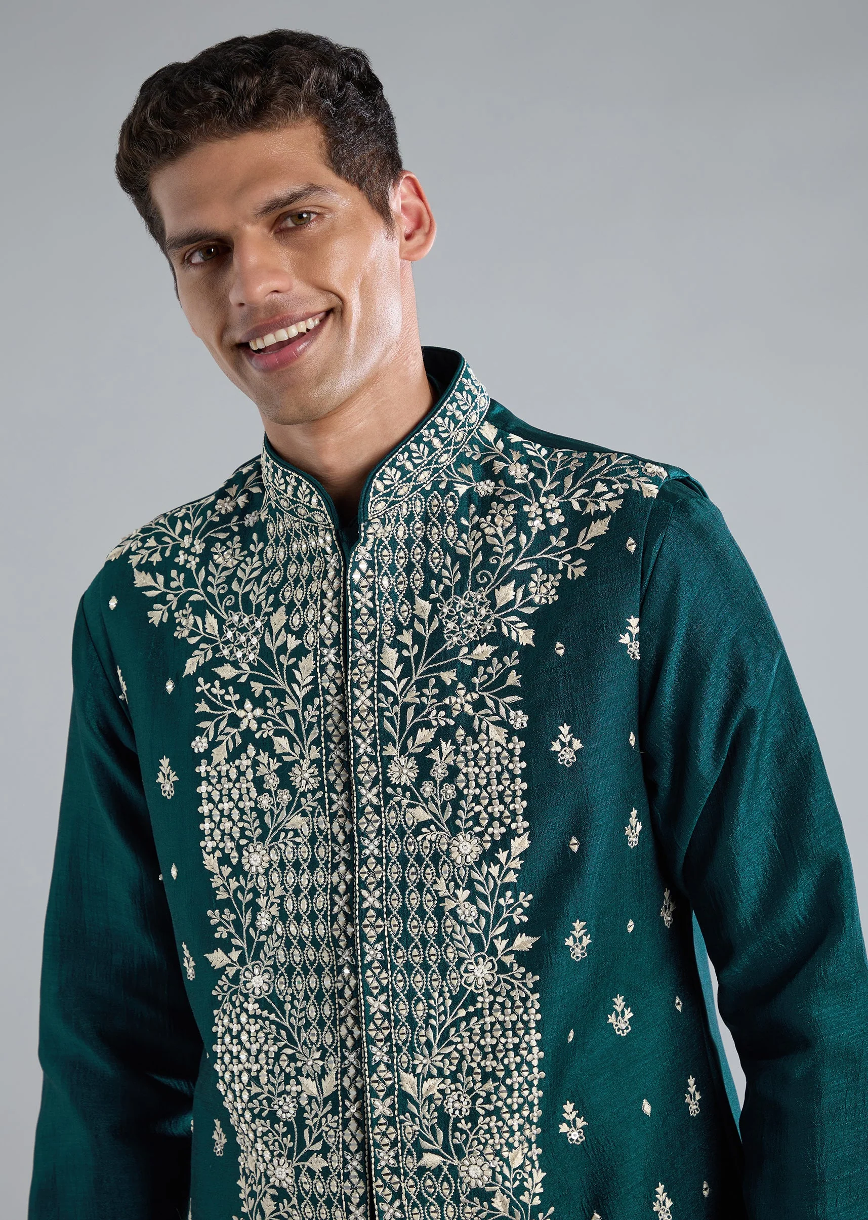 Peacock Blue Kurta Jacket Set With Mirror Thread And Resham Detailing - Image 2