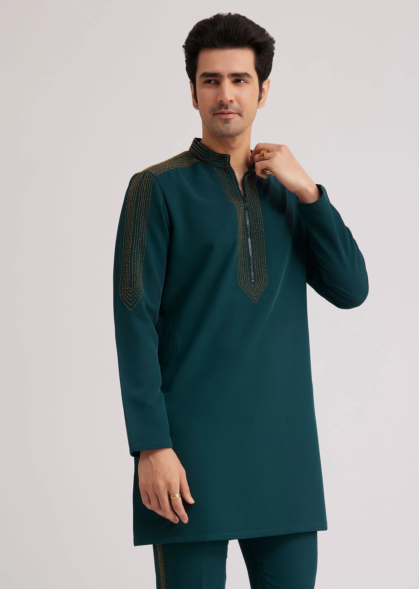 Peacock Blue Lycra Kurta Set With Bead Work - Image 3