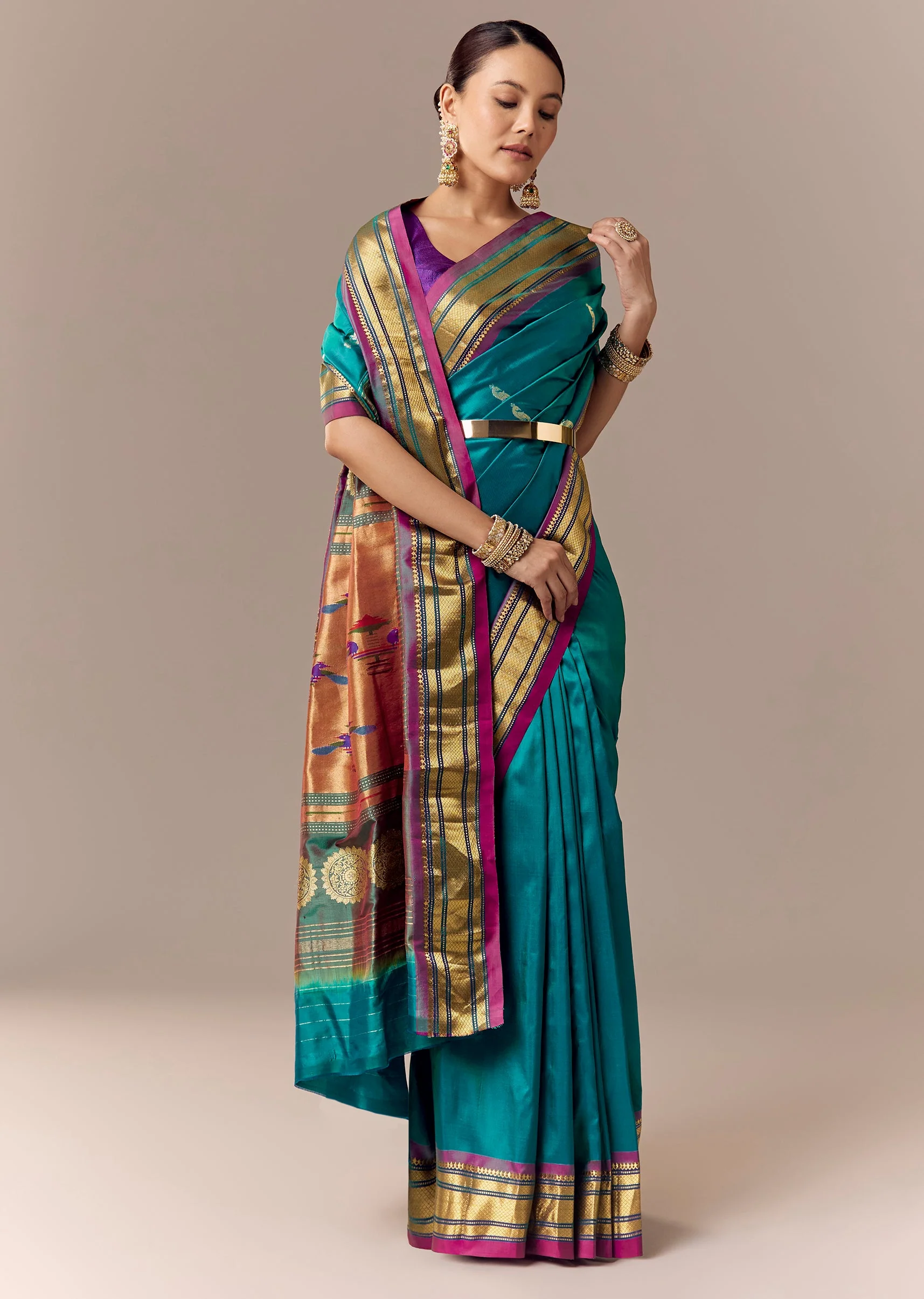 Peacock Blue Maharani Paithani Saree with Wine Pallu - Image 3