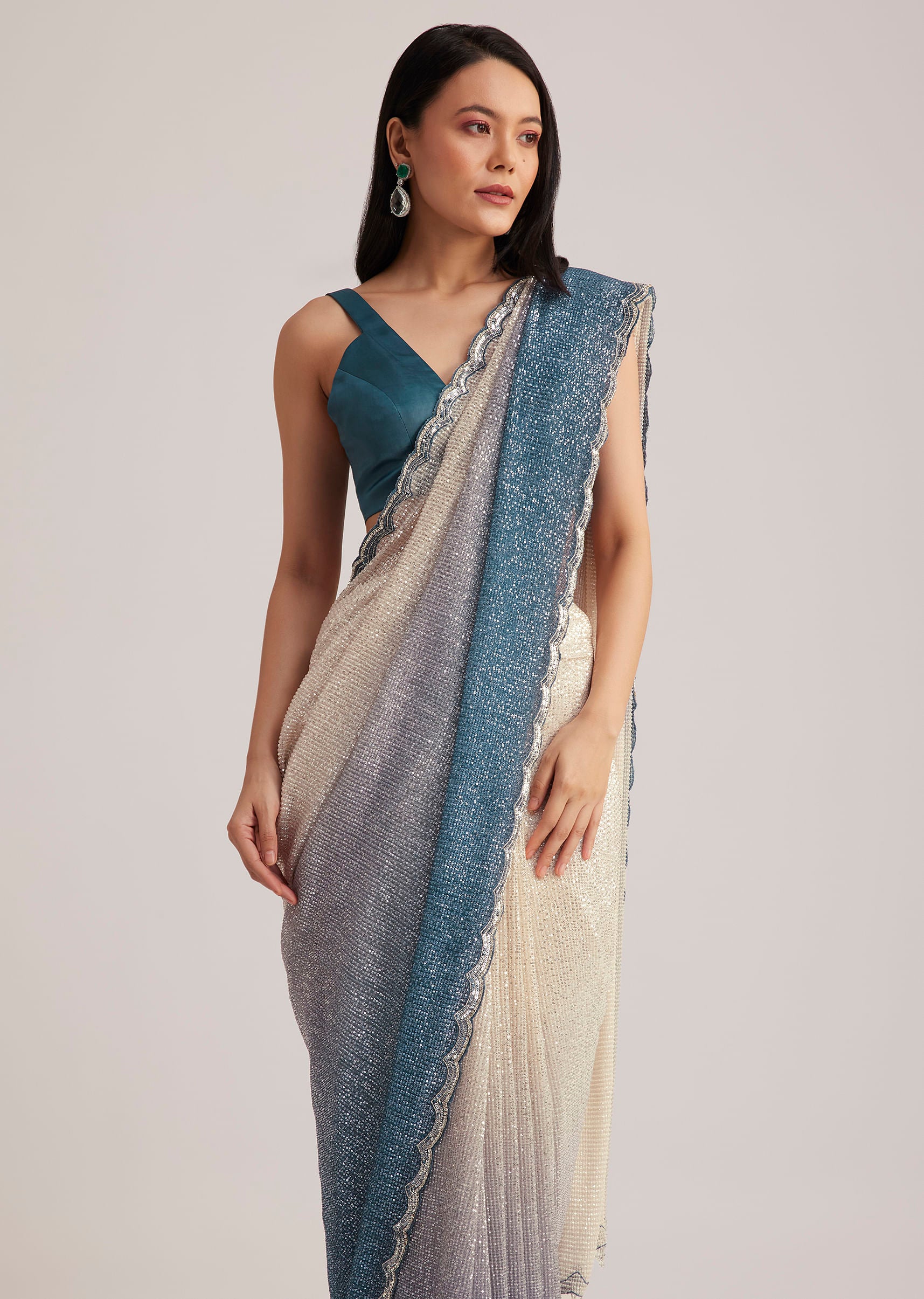 Peacock Blue Ombre Sequins Saree With Scalloped Embroidered Border - Image 2
