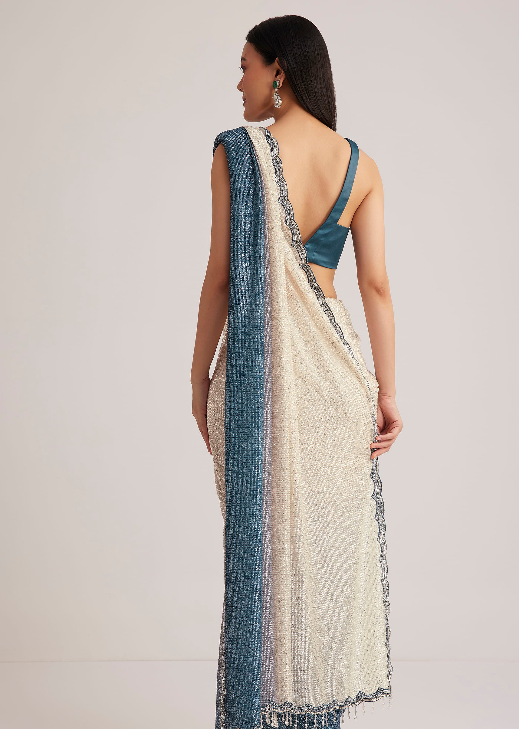 Peacock Blue Ombre Sequins Saree With Scalloped Embroidered Border - Image 6