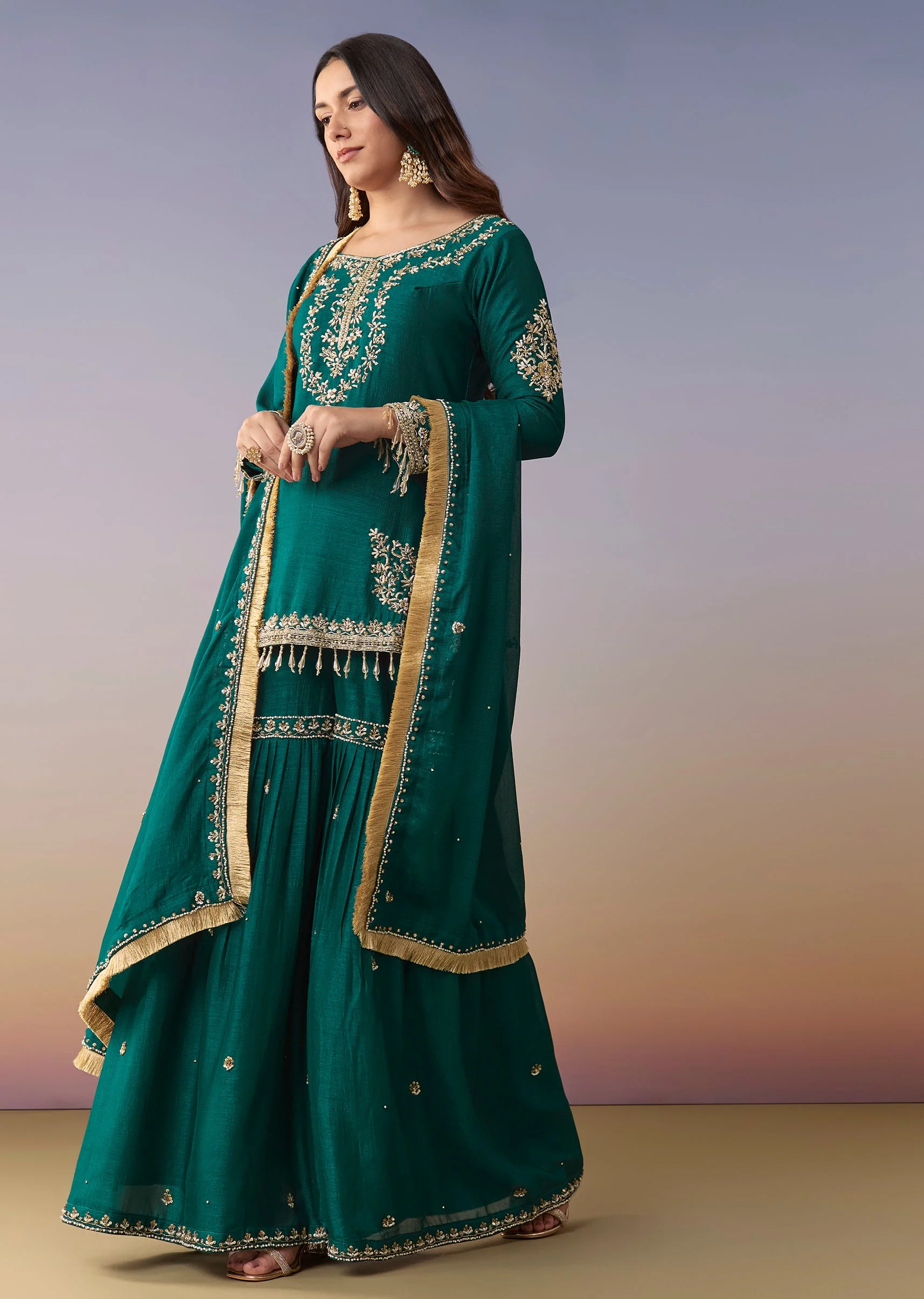 Peacock Blue Zardosi Sharara Suit Set With Dupatta - Image 3