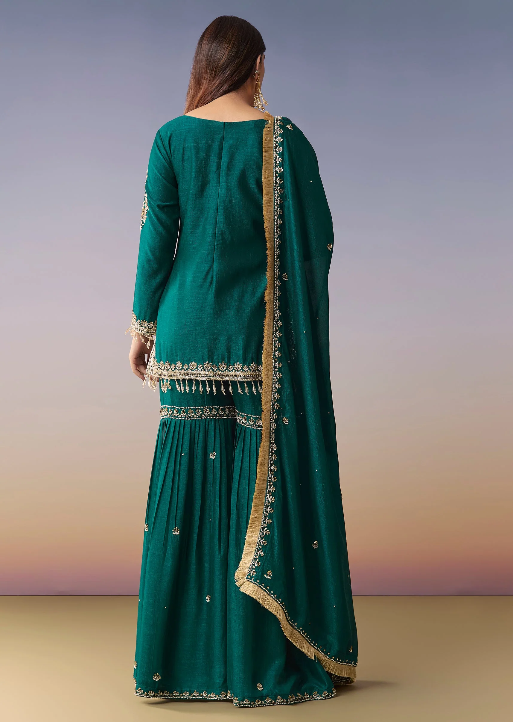 Peacock Blue Zardosi Sharara Suit Set With Dupatta - Image 5