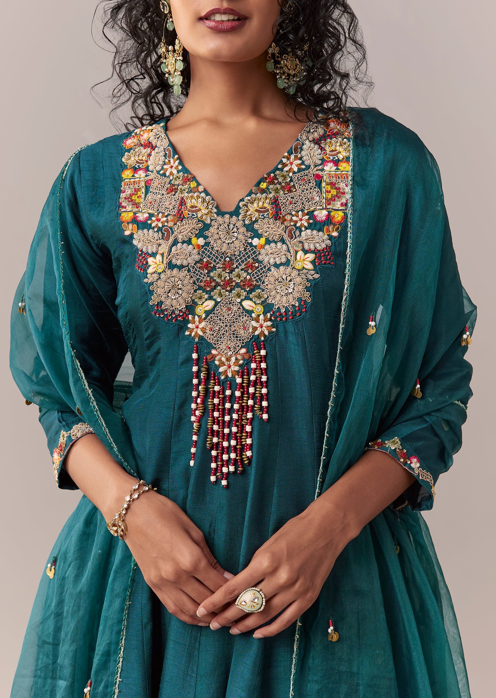 Peacock Blue Zardosi & Thread Palazzo Set With Dupatta - Image 2