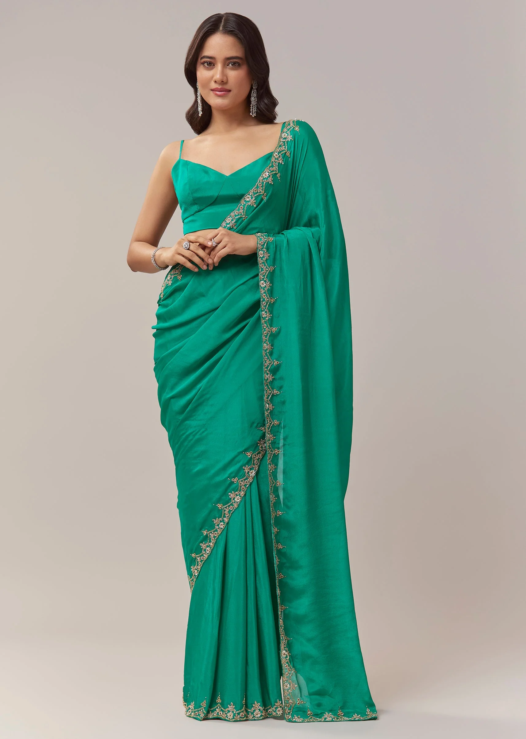 Peacock Green Chinon Saree With Floral Handwork Embroidery