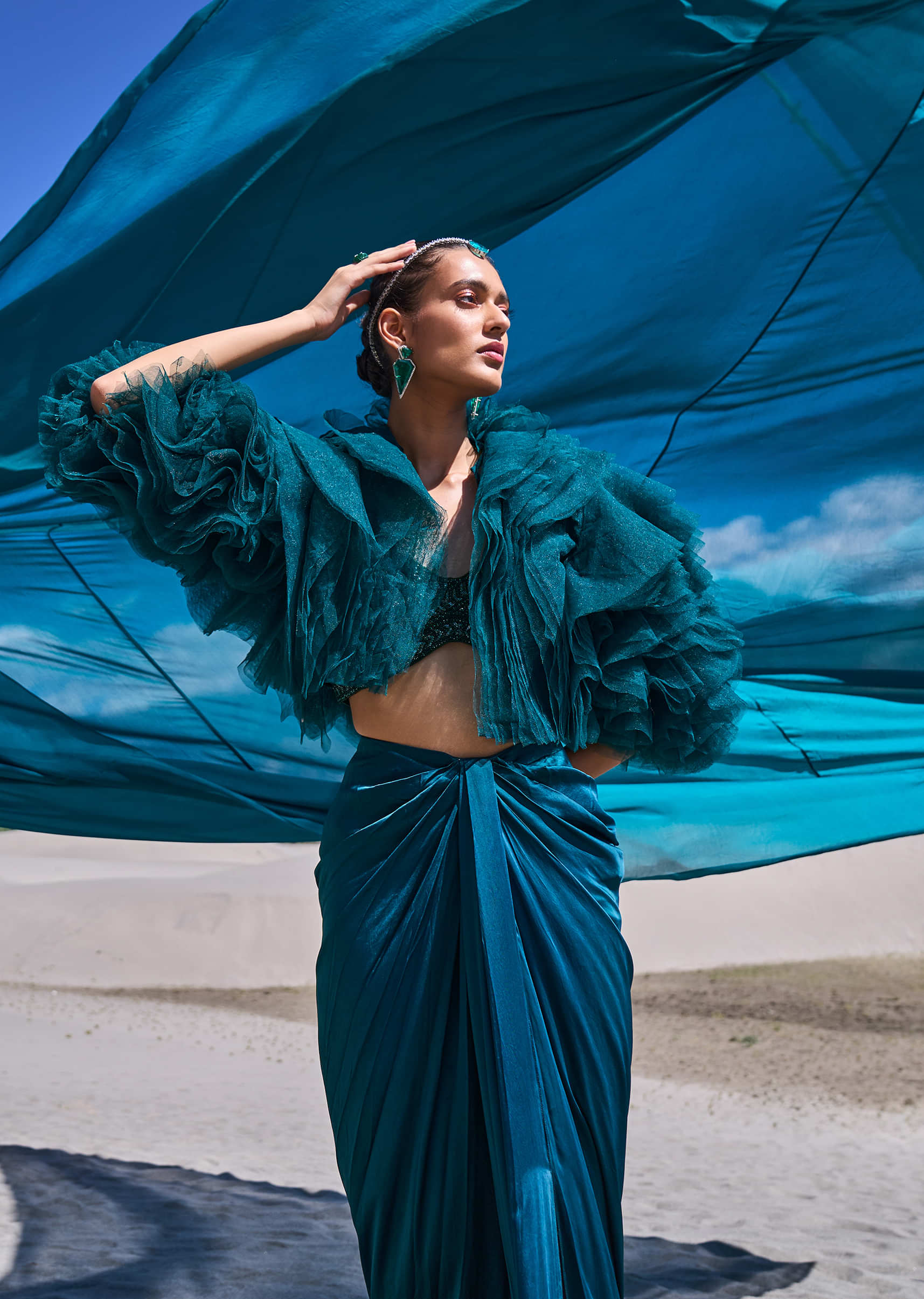 Peacock Green Satin Pre Draped Skirt Set With Ruffle Jacket - Image 3