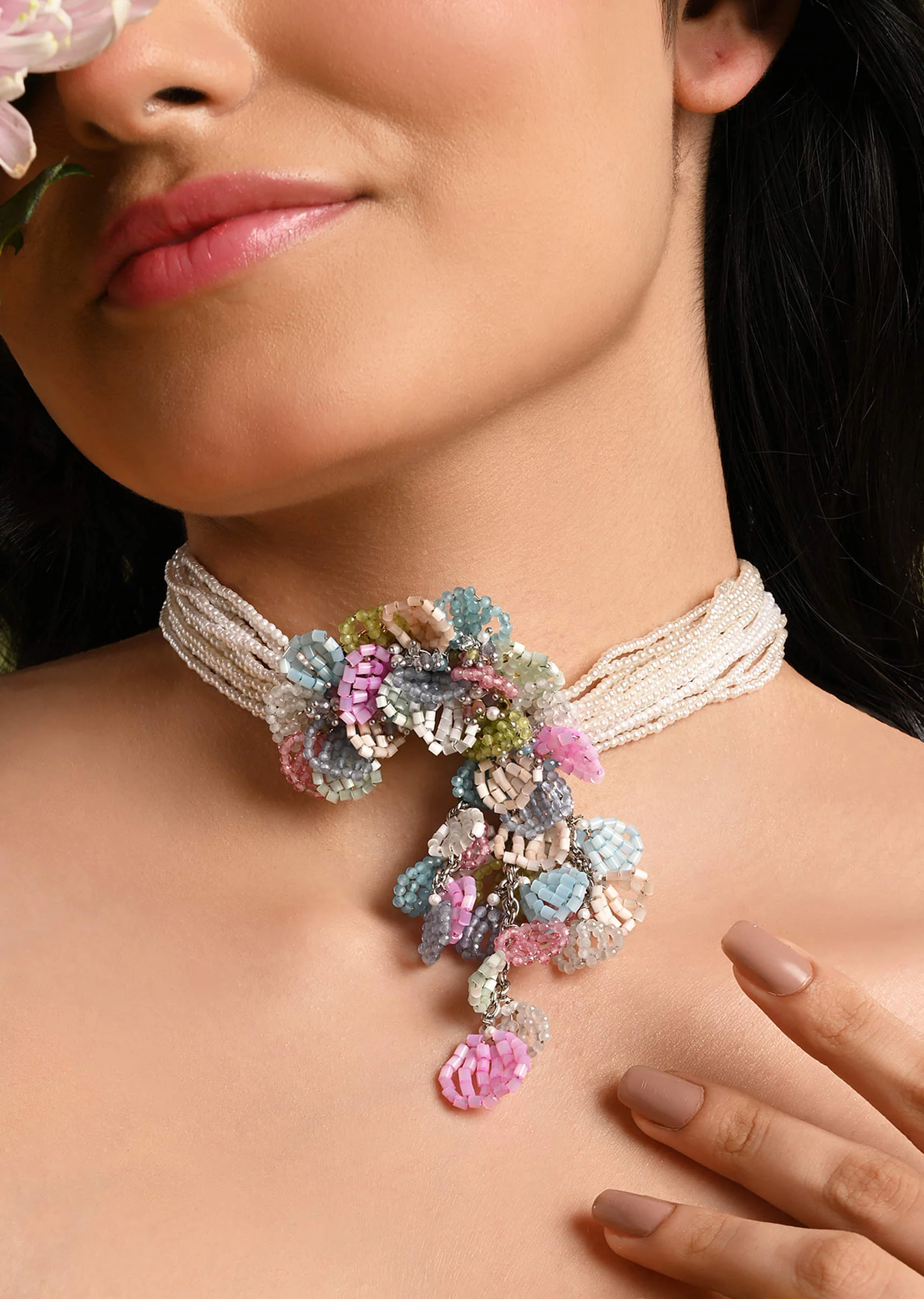 pearl necklace withcolourful crystal flower bunch pendant