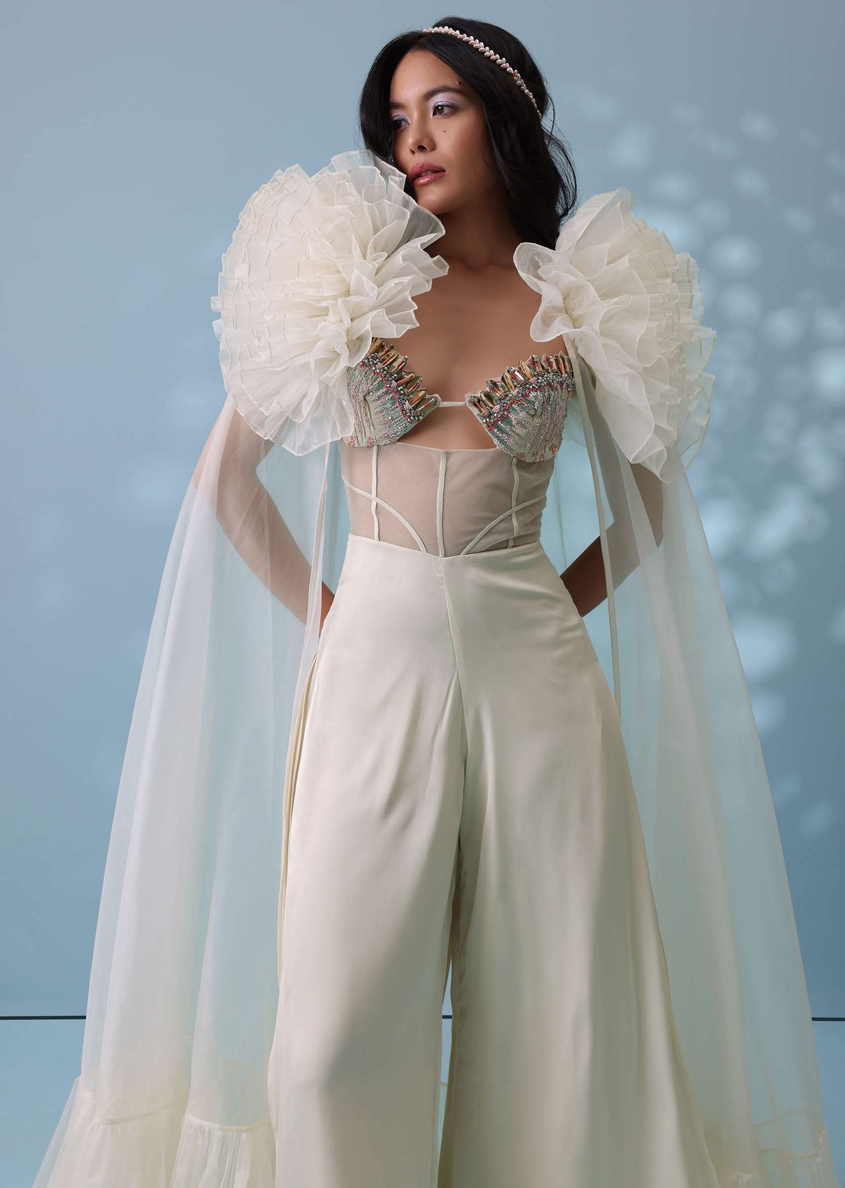 Pearl White Satin Indowestern Embroidered Jumpsuit With Net Shrug - Image 2