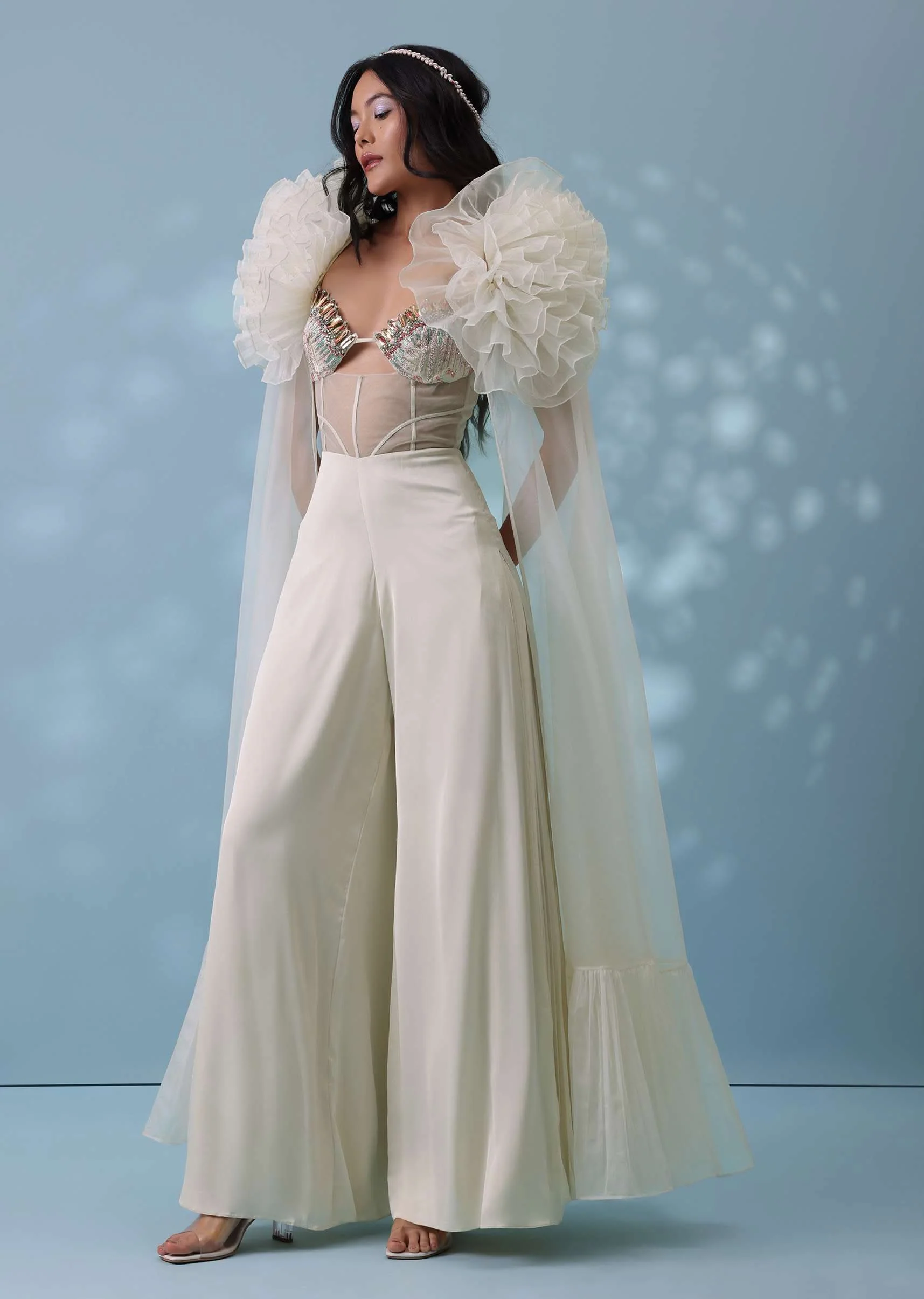 Pearl White Satin Indowestern Embroidered Jumpsuit With Net Shrug - Image 3
