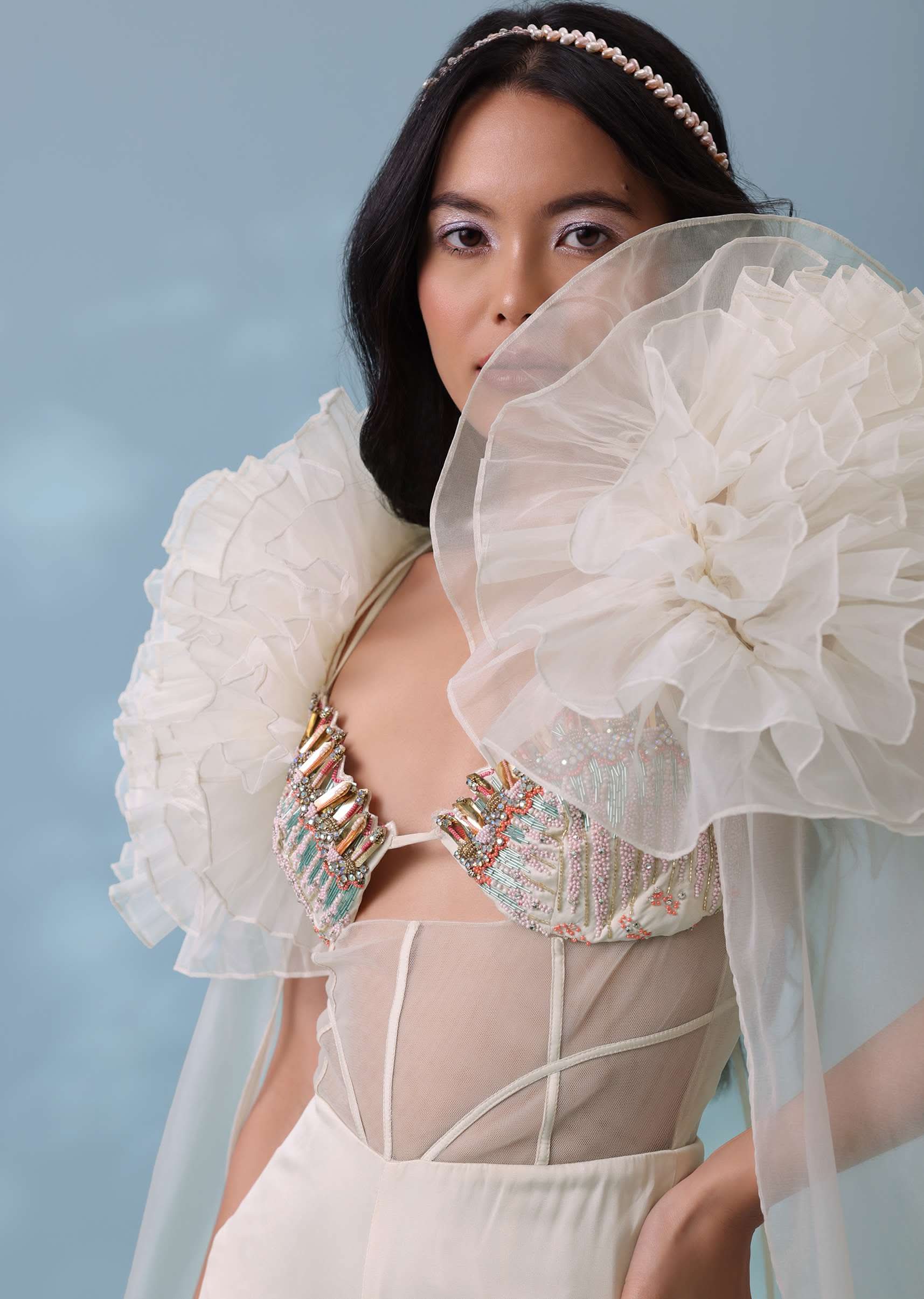 Pearl White Satin Indowestern Embroidered Jumpsuit With Net Shrug - Image 4