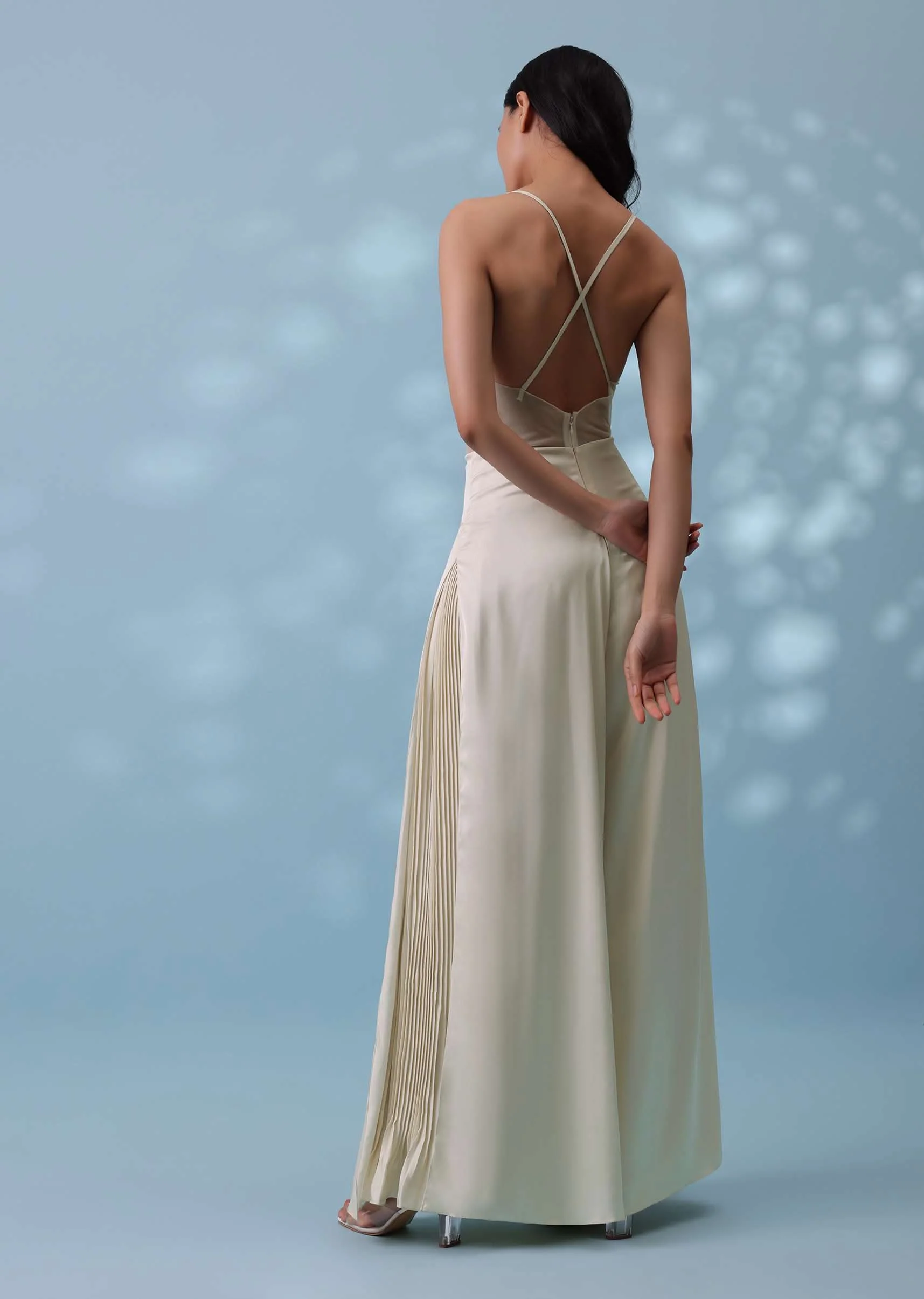 Pearl White Satin Indowestern Embroidered Jumpsuit With Net Shrug - Image 6