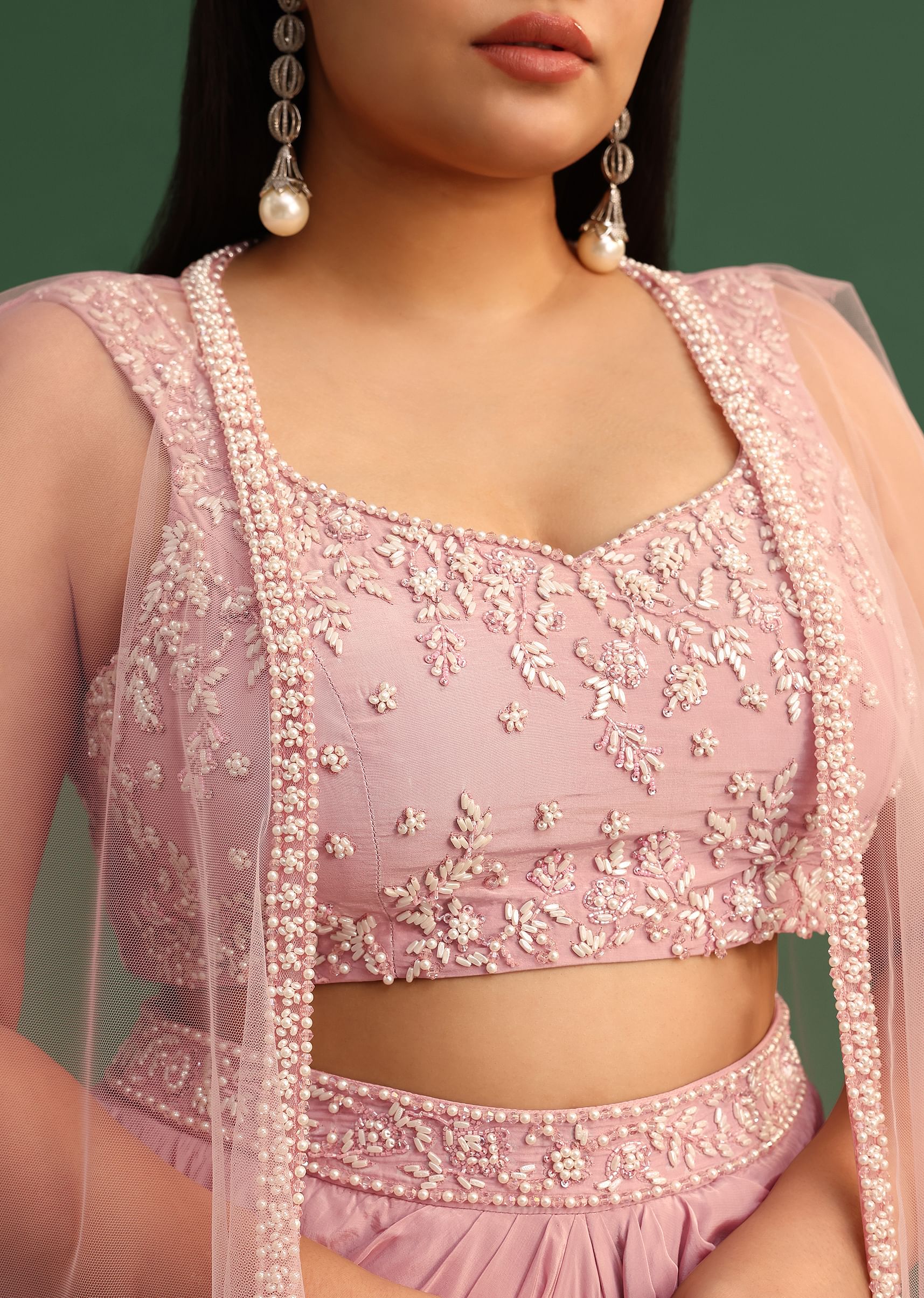 Peony Pink Draped Skirt With Sweatheart Neck Blouse With High Low Cape - Image 2