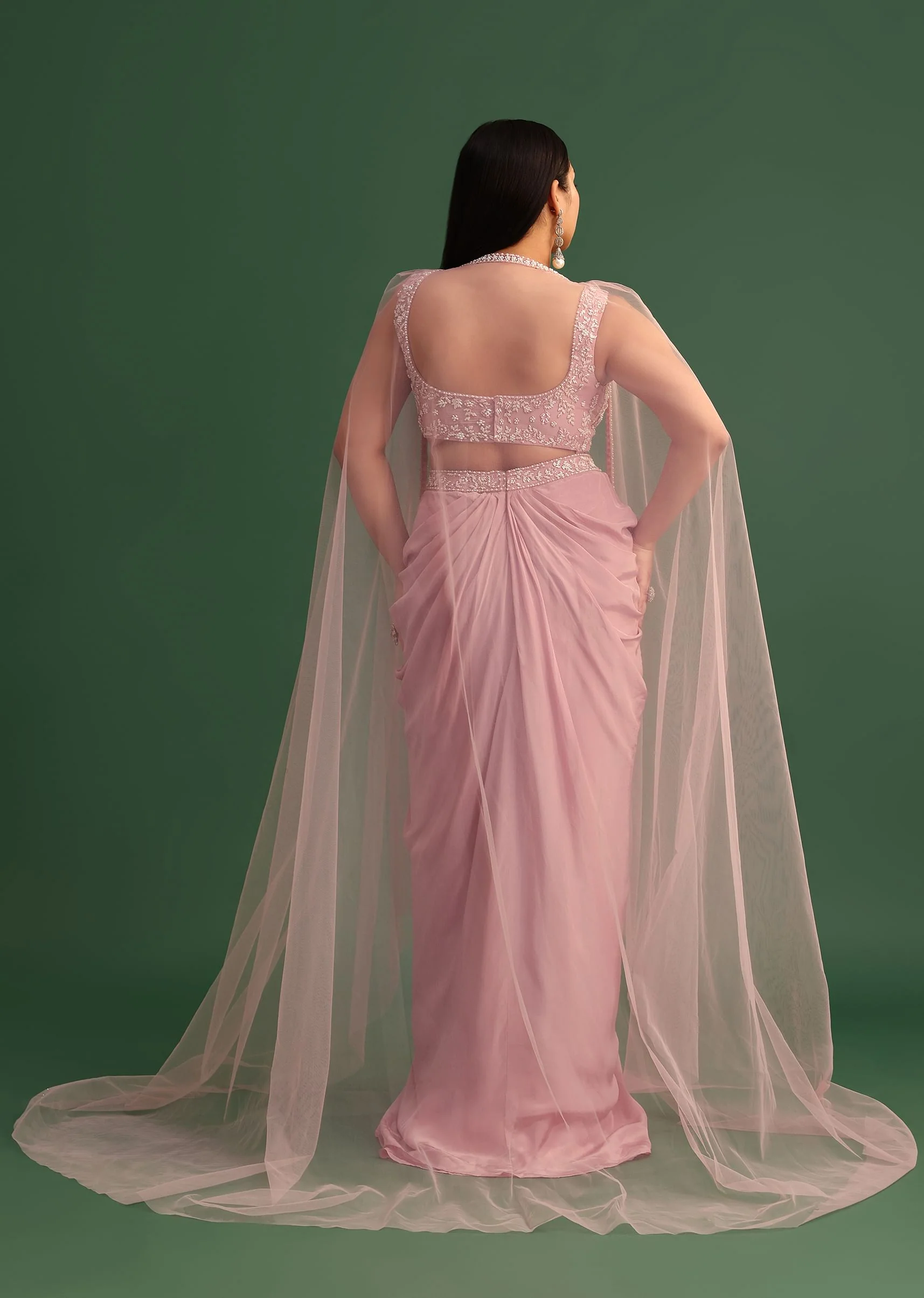 Peony Pink Draped Skirt With Sweatheart Neck Blouse With High Low Cape - Image 5