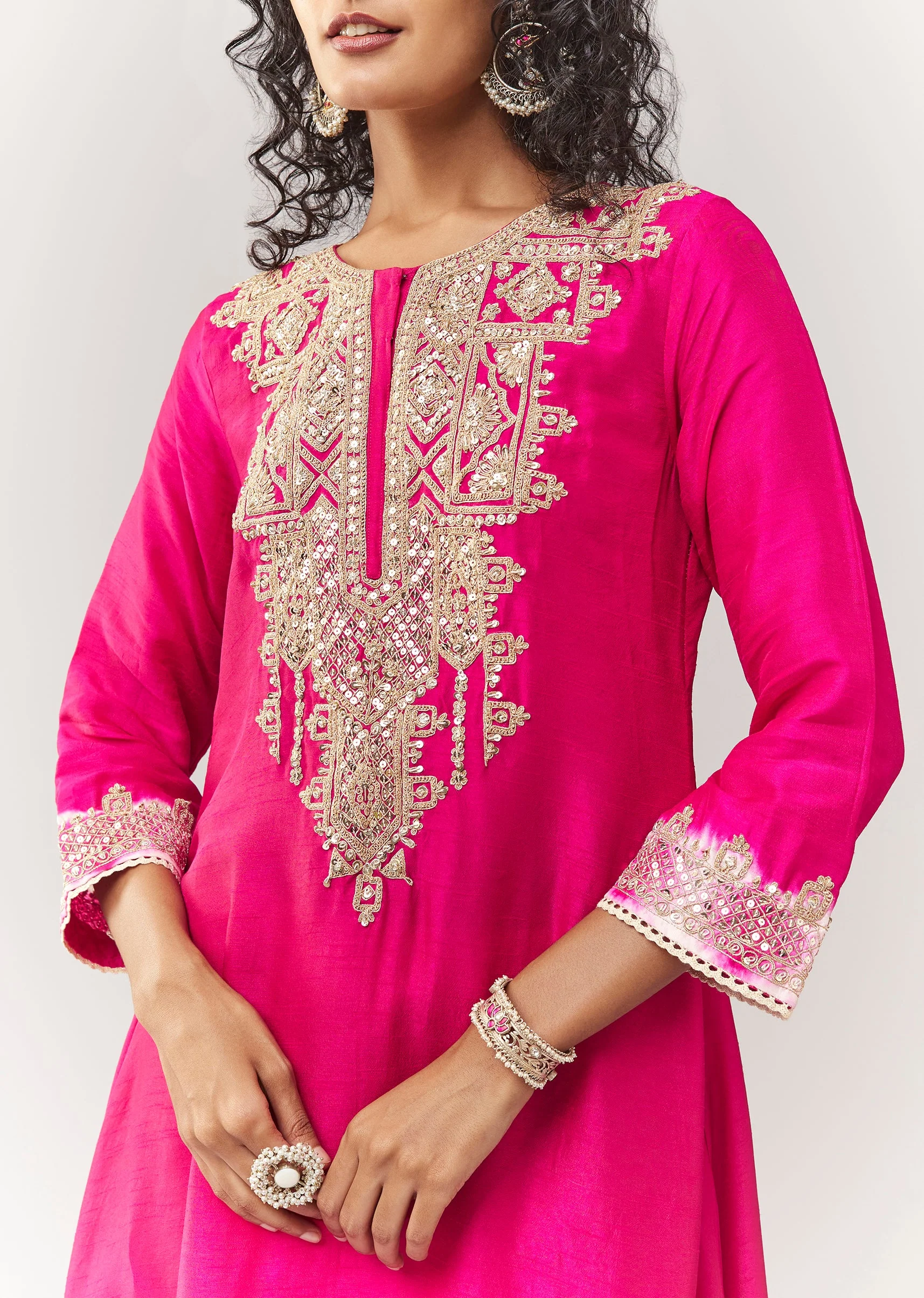 Pink A line Kurta Coord With Zari Thread Work And Leheriya Border - Image 2