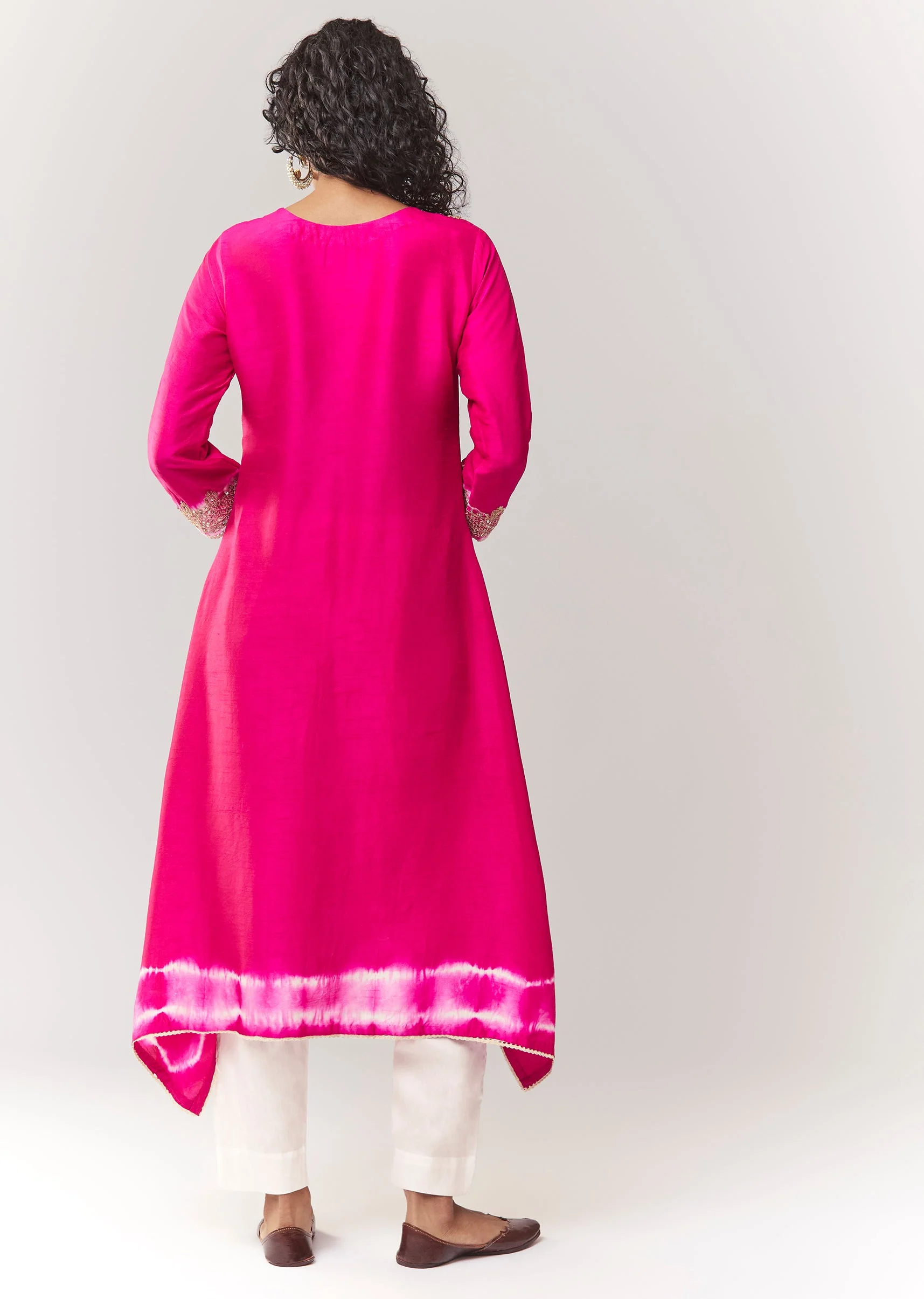 Pink A line Kurta Coord With Zari Thread Work And Leheriya Border - Image 5