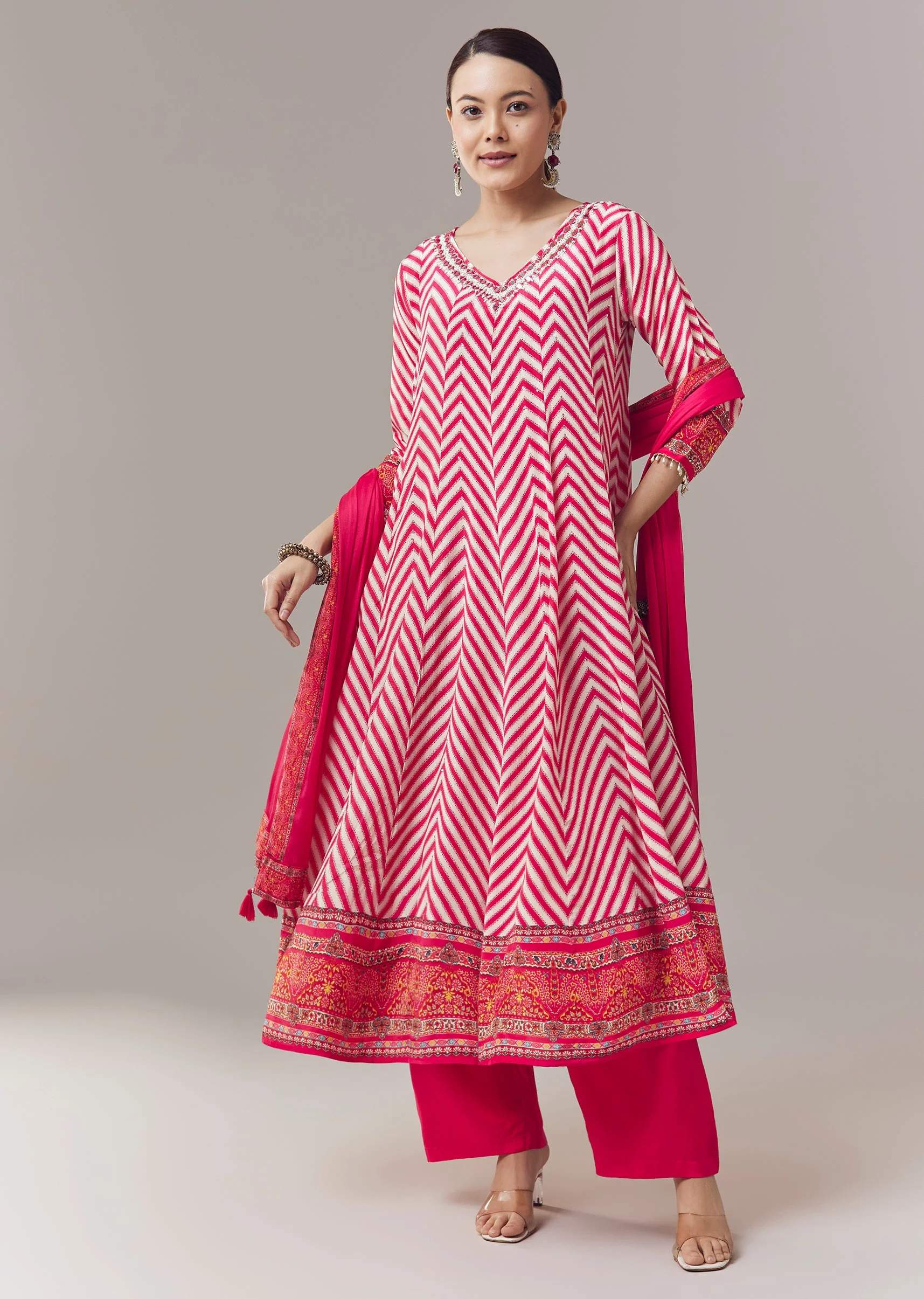 Pink Anarkali Suit In Chevron Print With Mirror Moti And Stone Work And Dupatta