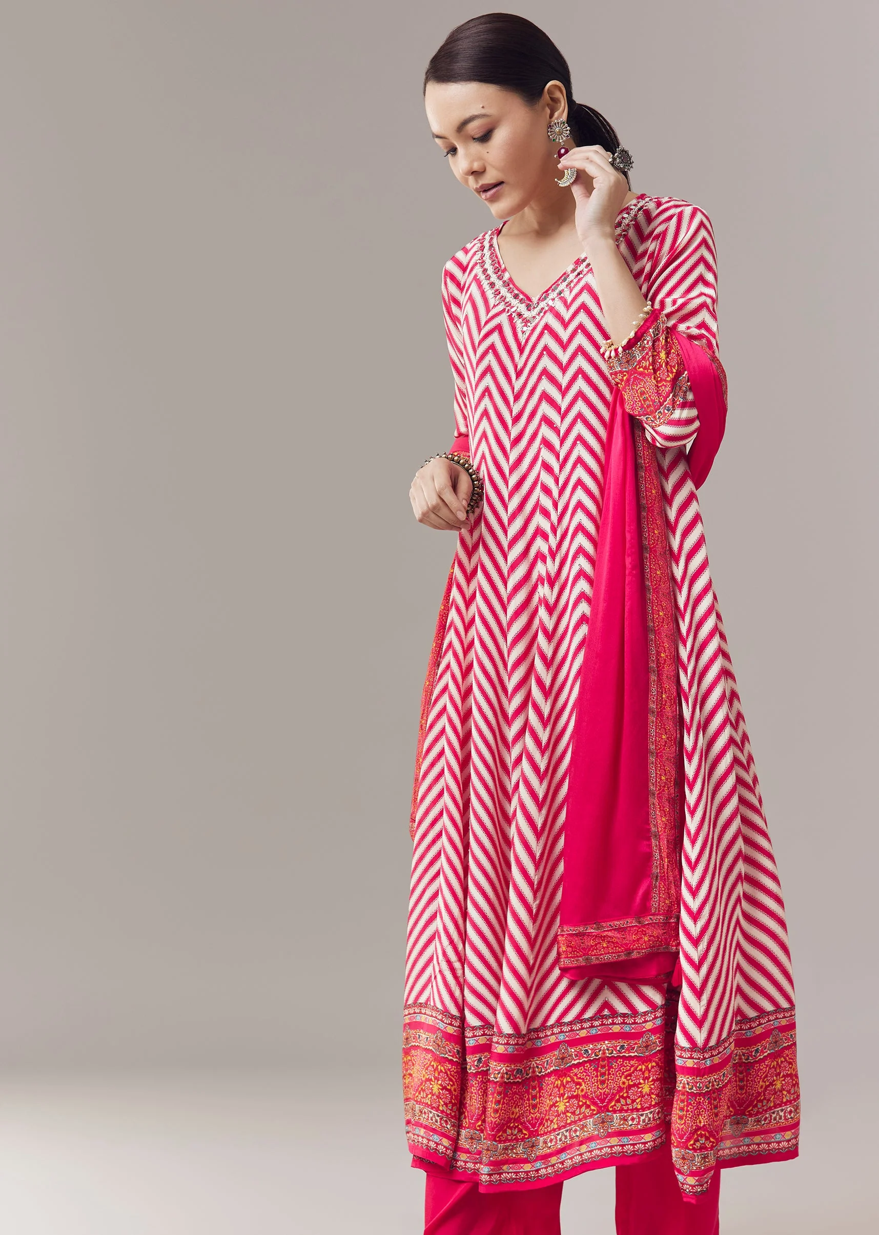 Pink Anarkali Suit In Chevron Print With Mirror Moti And Stone Work And Dupatta - Image 4