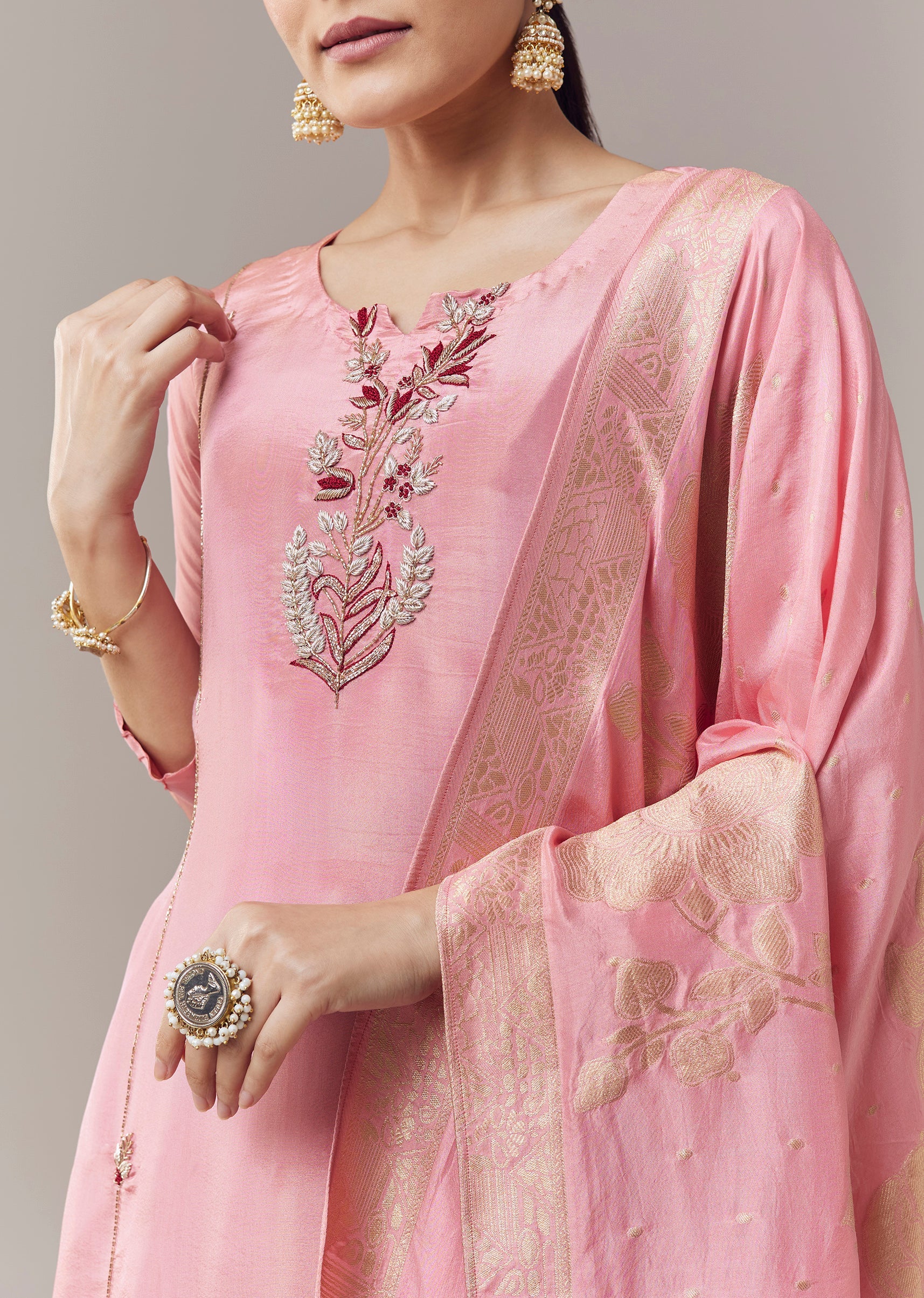 Pink Anarkali Suit With Zardosi Work And Dupatta - Image 2