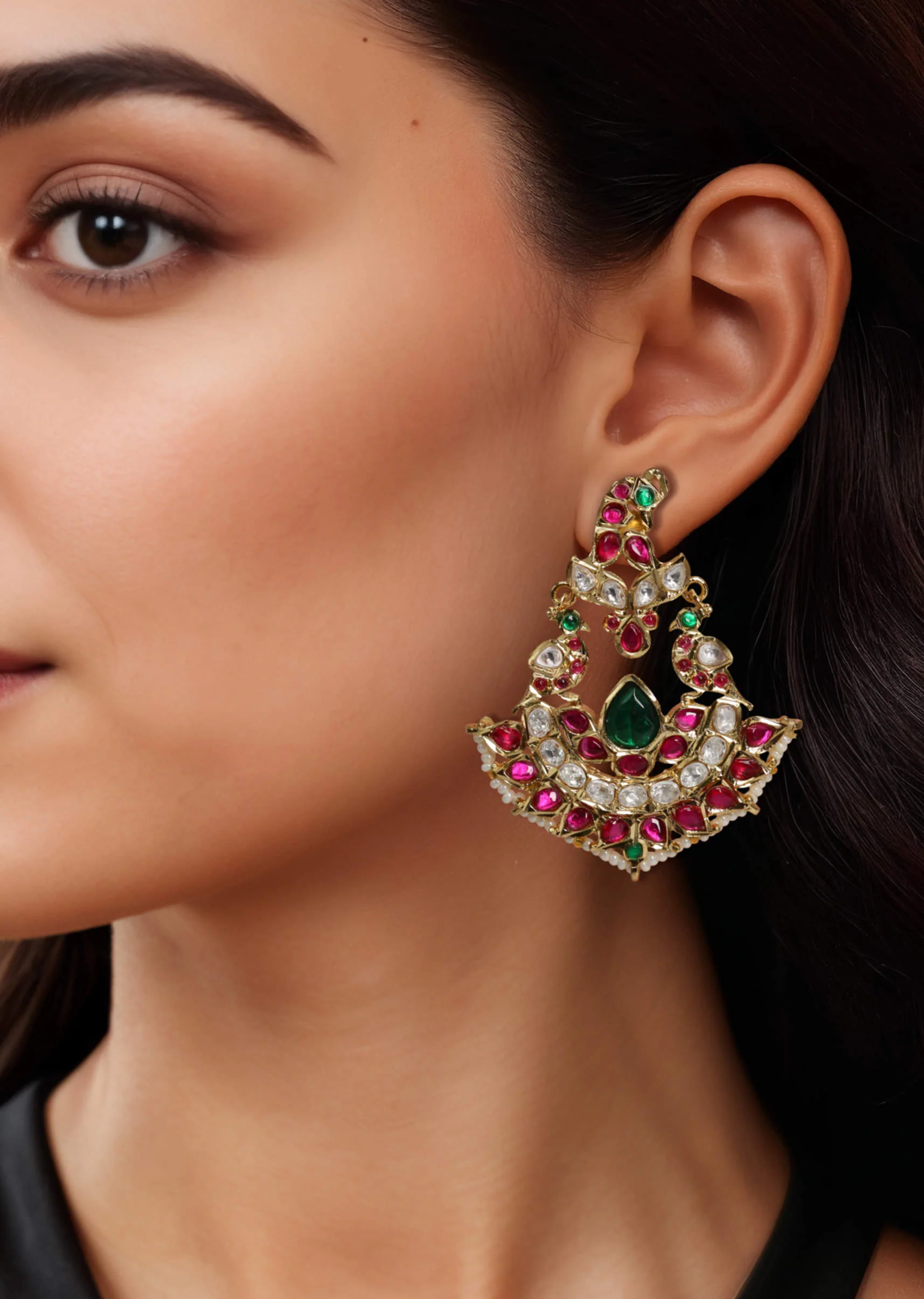 Pink and Green Kundan Encrusted Earrings