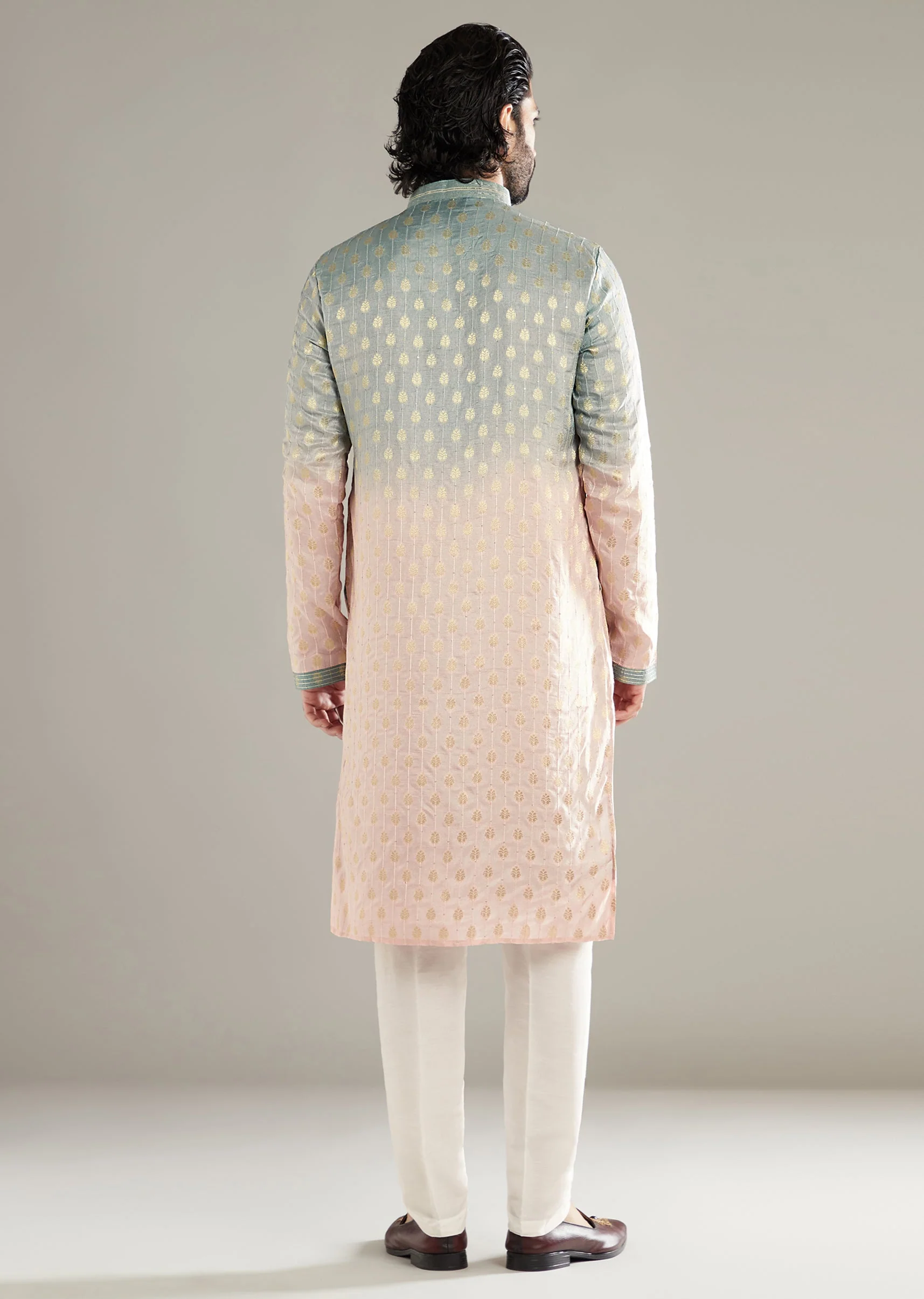 Pink And Green Ombre Silk Kurta Set For Men With Foil Motifs - Image 5